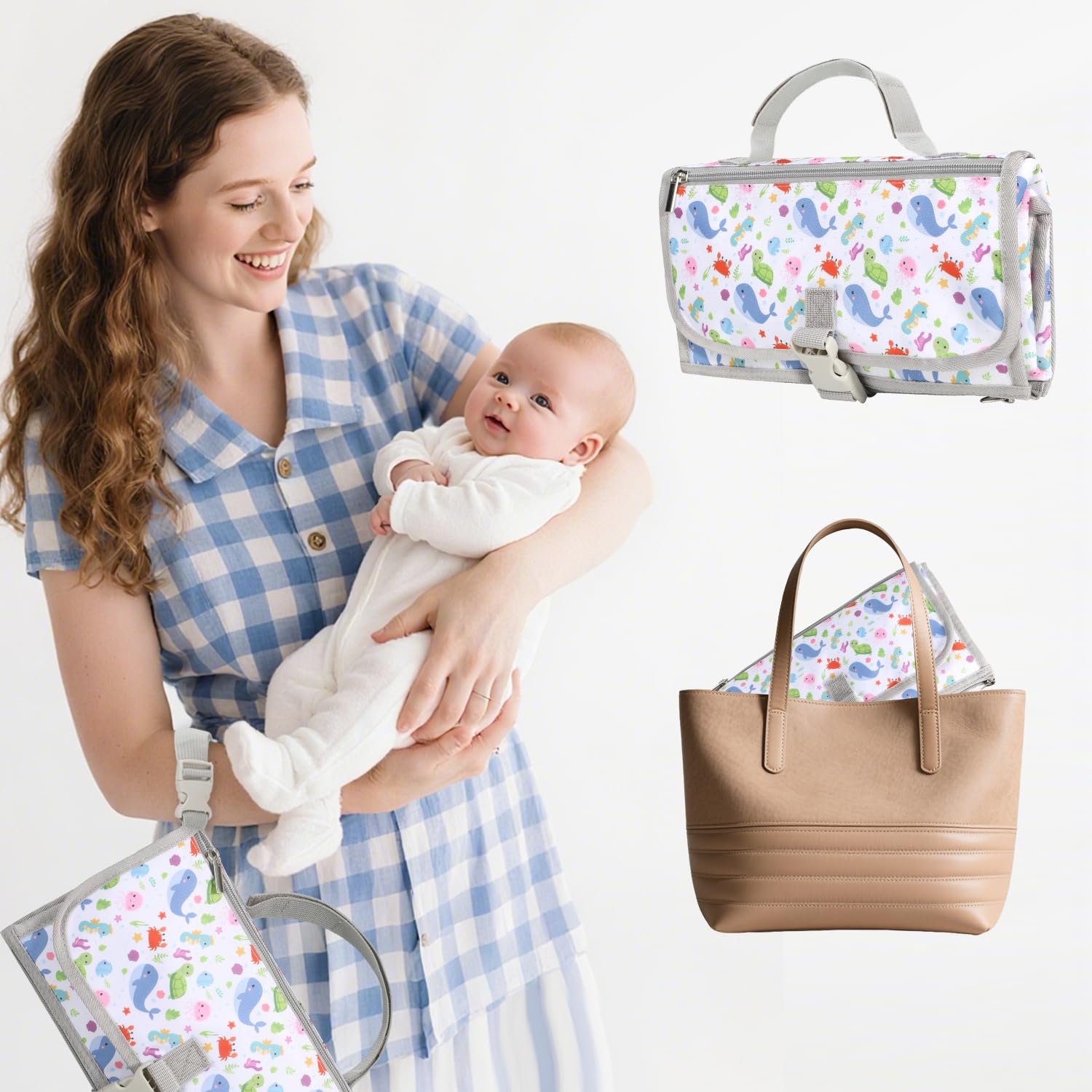 Fasciatoio Portatile per Neonato Pieghevole e Oxford impermeabile, con Cuscino Ergonomico e Dispenser e Spazi Stoccaggio,Regalo Nascita Perfetto per Maschio e Femmina,(Animali Marini)