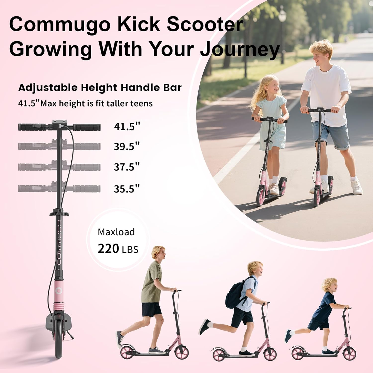 Kick Scooter with Dual Brakes for Kids Age 8+, Teens, Adults, Dual Suspension Foldable Lightweight Scooter with 8 Inch Big Wheels, Max Load 240 LBS Wide Deck - Image 3