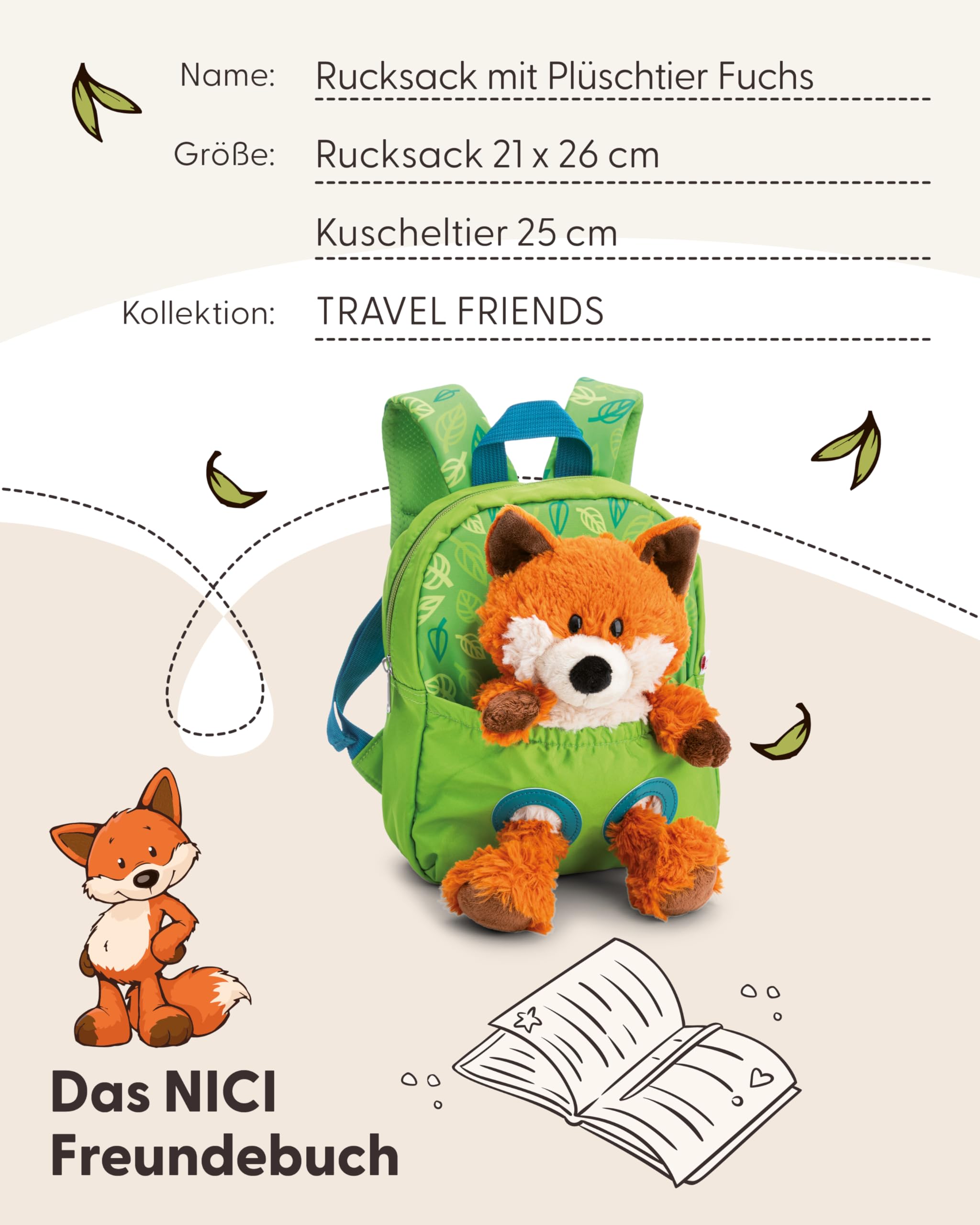 NICI Rucksack mit Plüschtier 21x26cm Fuchs 25cm - grün - Abnehmbarer Pluschspielzeug Weich Flauschig- Kindergartenrucksack mit Kuscheltier für 2-5 Jährige Jungen und Mädchen - 62692