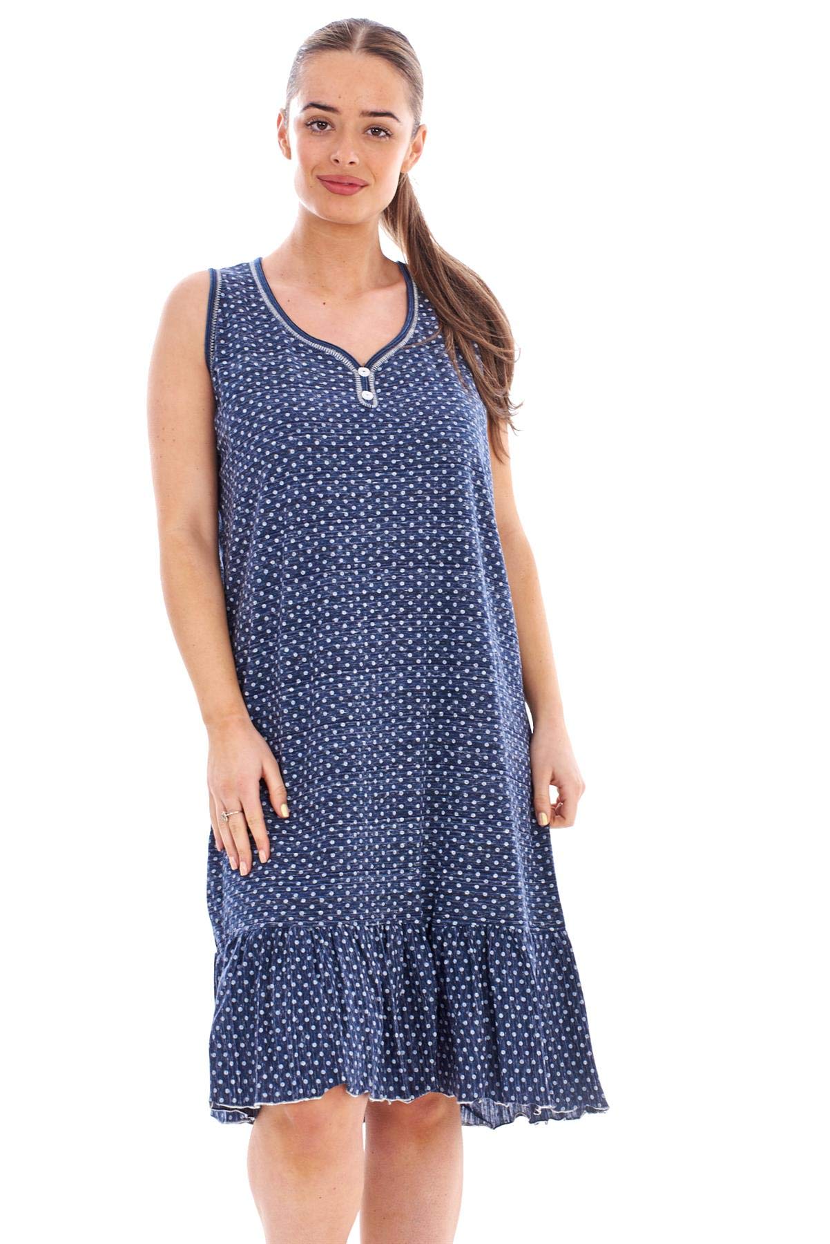 Malay Women Polka Dot Ruffle Hem Nightdress Wide Strap Cotton V-Neck Cami Nightshirts Navy