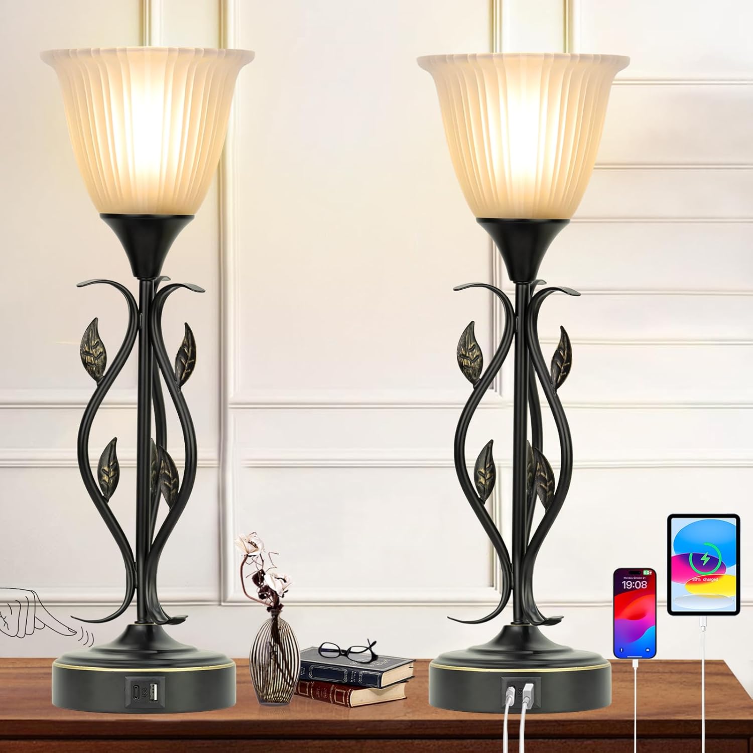 Bedside Lamps Set of 2, Torchiere Lamps for Night Stands with Dual USB Charging Ports, 3 Way Touch Nightstand Lamps with Rustic Vines Leaf and Glass Shade Table Lamp for Living Room, LED Bulb Included