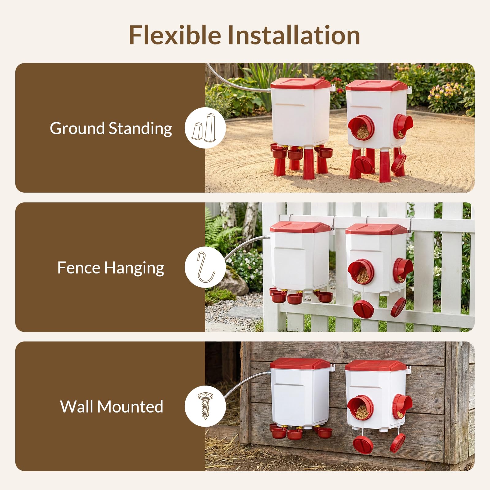 Todeco Comedero y Bebedero Automático para Gallinas, 8 kg + 7 L | 2 puertos de alimento antilluvia, 4 bebederos, válvula de flotador, con 16 patas, para colgar o montar en pared