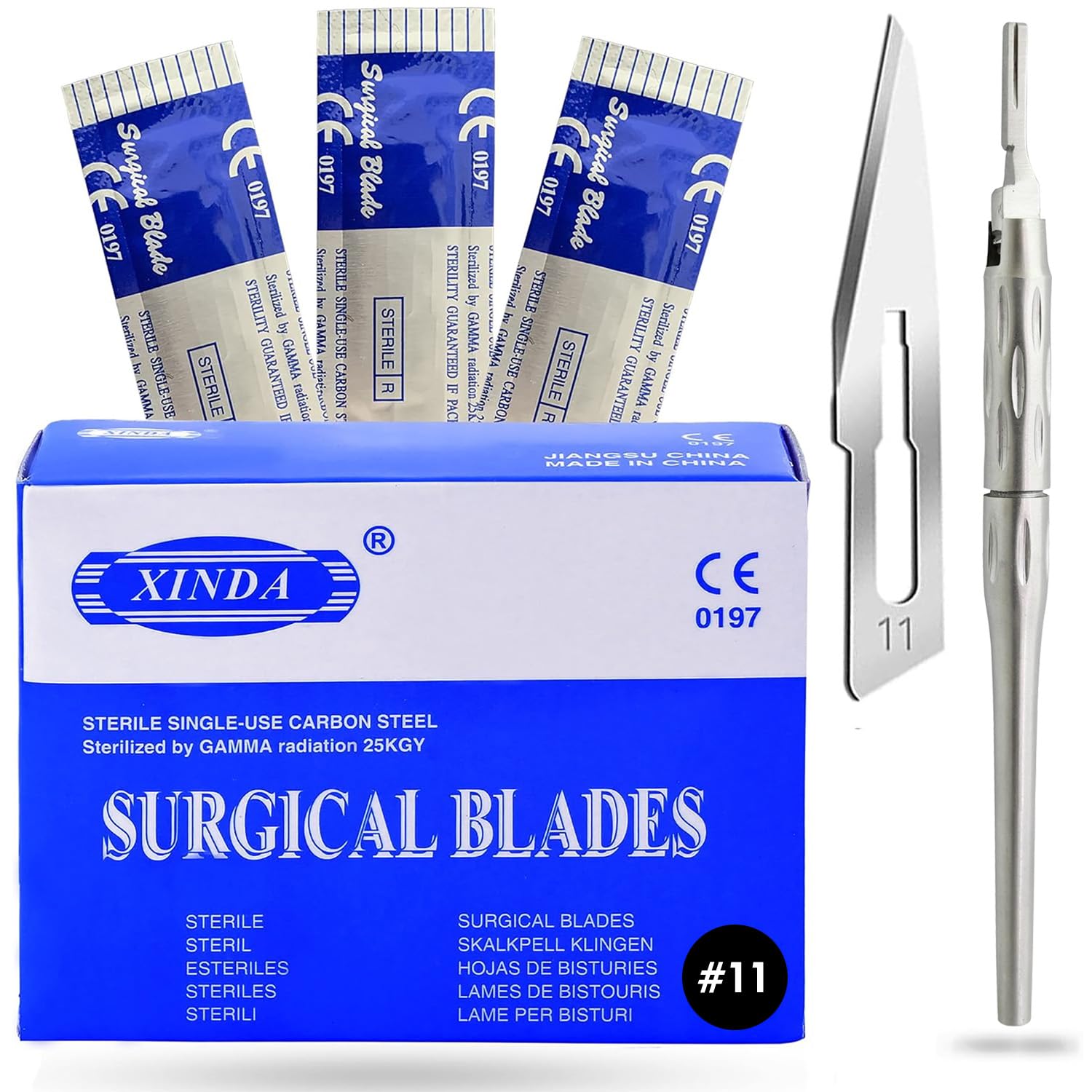 100 Blades #11 Scalpel Blades for Knife Scalpel High Carbon Steel Dermablade Blades Individually Wrapped Sterile + 1 Adjustable Scalpel Handle #3 with 180° Rotation Blade Holder for Precise Cutting