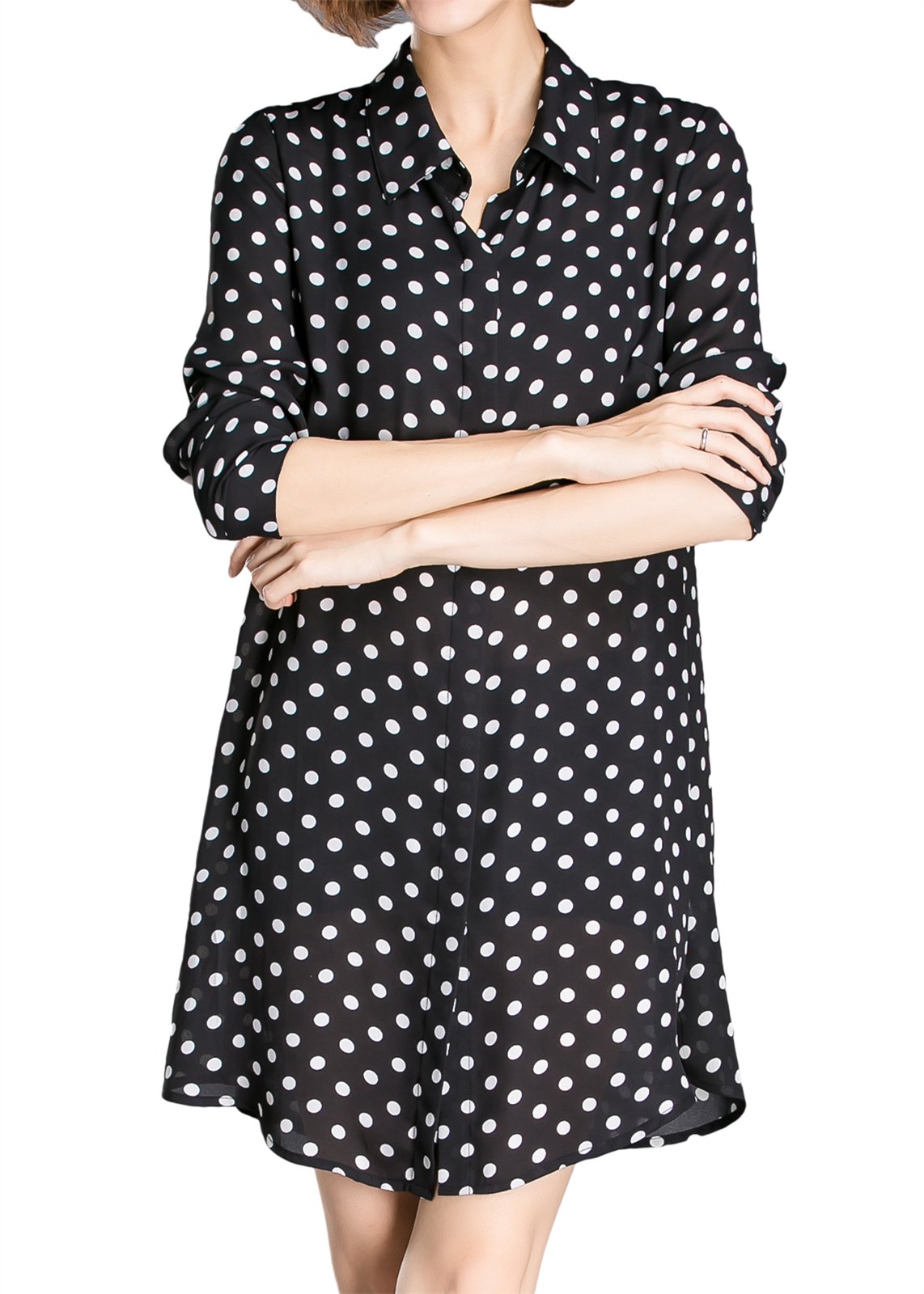 Black & White Polka Dot Shirt Dress Long Sleeves Size 8-22
