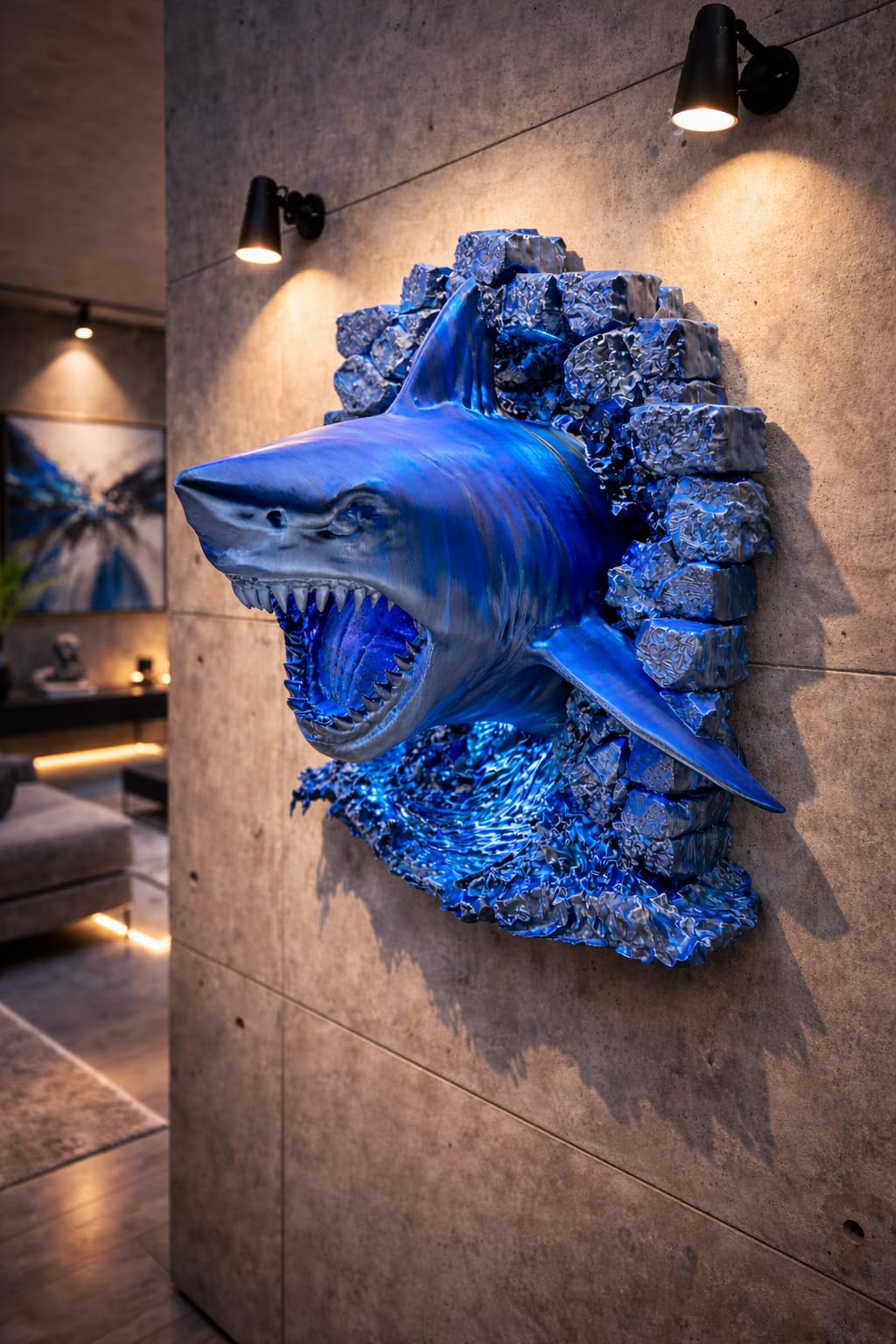 NexHome Scultura Squalo 3D da Parete o Appoggio– Decorazione Moderna di Design per Casa, Ufficio e Gaming Room – Statua Artistica Marina con Effetto Roccia per Arredo Luxury e Contemporaneo (Blu-Nero)