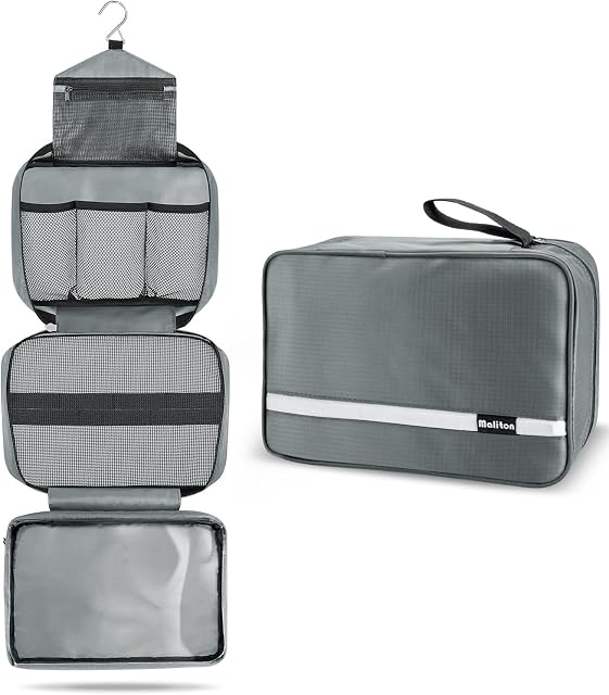 Maliton Toiletry Bag for Men & Women | Large Toiletry Bags for Traveling | Hanging Compact Hygiene Bag with 4 Compartments | Waterproof Bathroom Shower BagGrey
