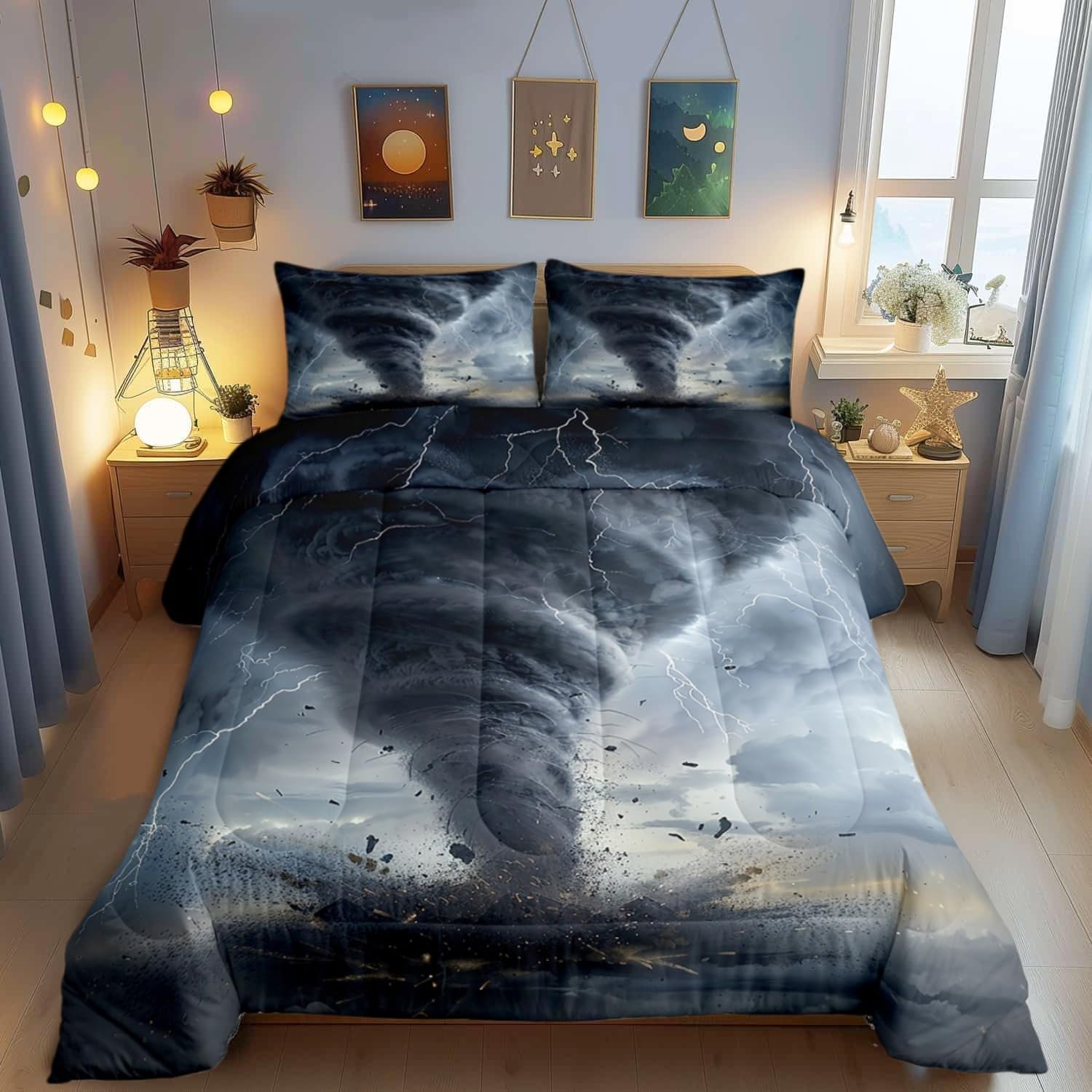 3D Tornado Comforter Set Queen for Boys Kids Lightning Room Decor Natural Disaster Comforter Aldults Bedroom Tornado Pattern Bedding Set 1 Comforter