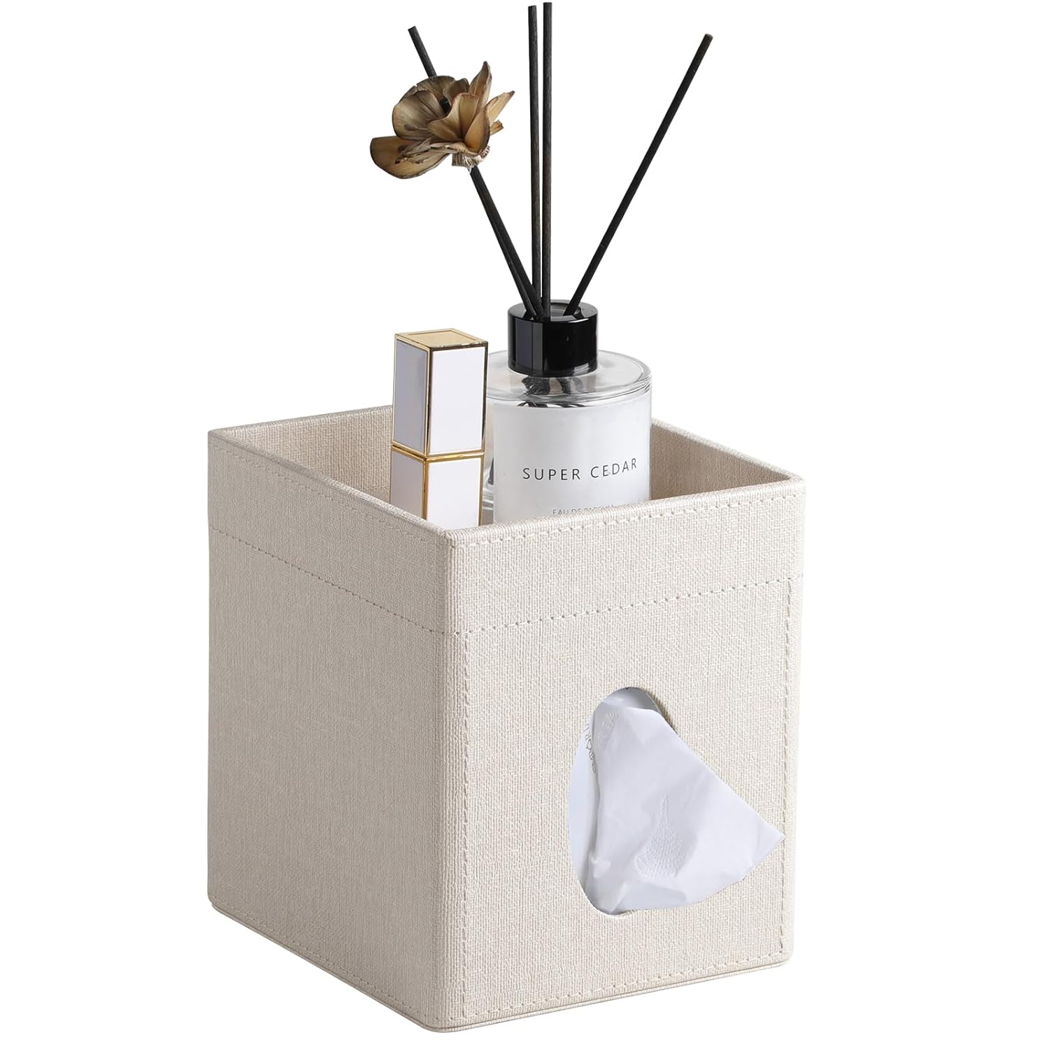 Tissue Box Cover PU Leather Square Tissue Box Holder with Storage Tray for Bathroom Vanity Countertop Night Stands