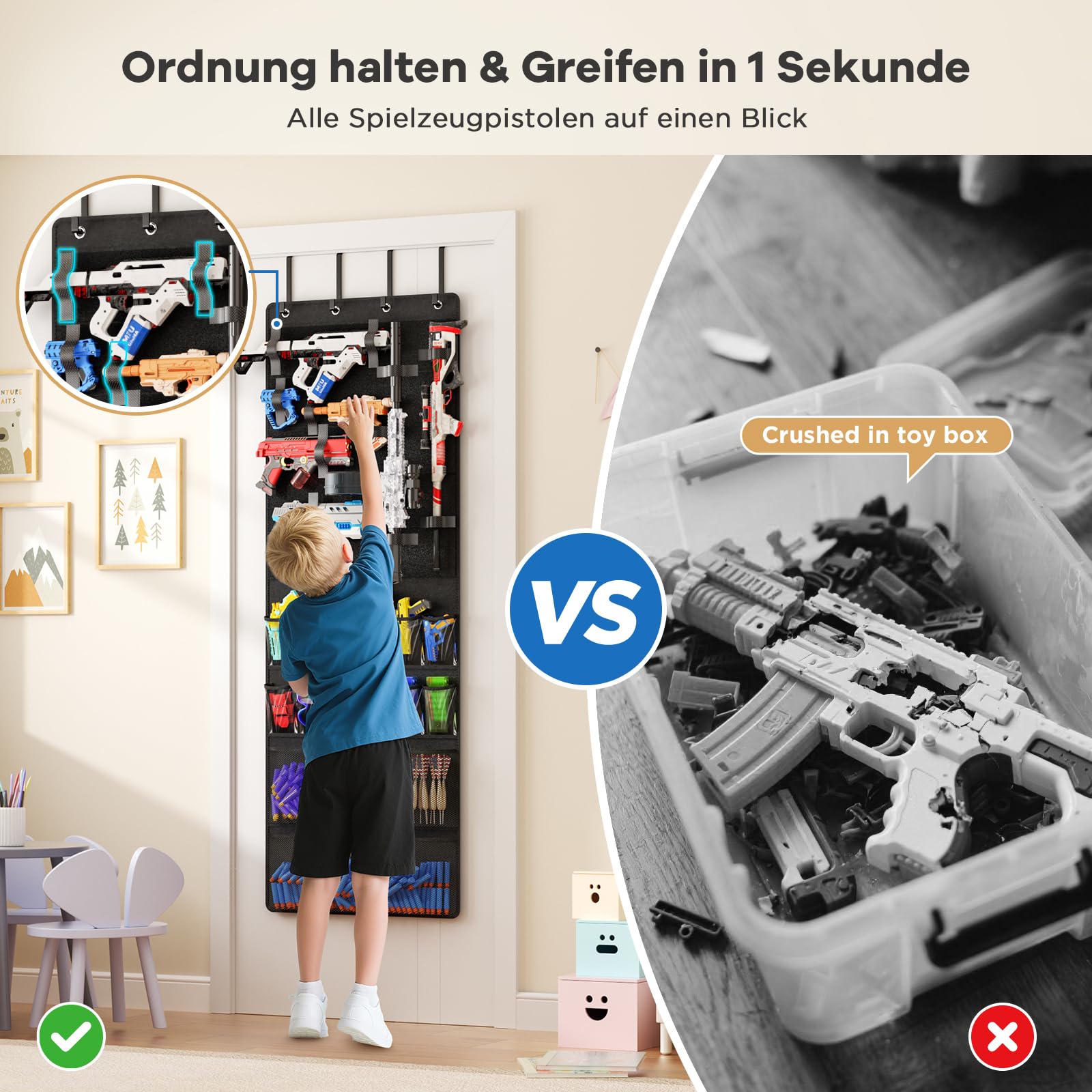 Über-der-Tür-Organizer für Spielzeugpistolen, Aufbewahrungstasche mit Fächern & Klettbändern – für Schaumstoff-Blaster, Darts, Schutzbrillen – Platzsparender Türorganizer für Kinder- & Spielzimmer