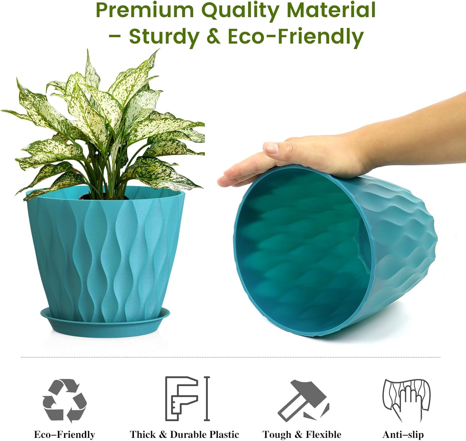 UOUZ 8 Inch Plant Pots, 4 Pack Plastic Planters for Indoor Outdoor with Drainage Holes & Saucers, Waffle Texture Flower Pots for Indoor Plants, Indoor Plant Pots for Monstera, Fiddle Leaf Fig Blue