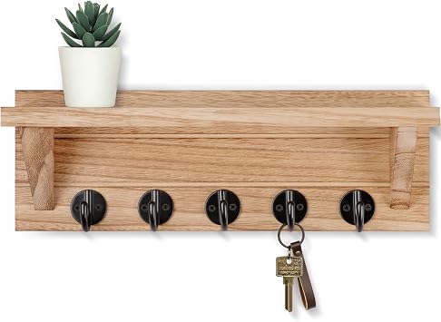 Lwenki Wall Key Holder, Rustic Shelf with Hooks Made of Paulownia Wood Holds Keys, Dog Leash, Bags and More - 13.7" W x 4.7" H x 3.5" D Decorative Key Hanger and Entryway Shelf
