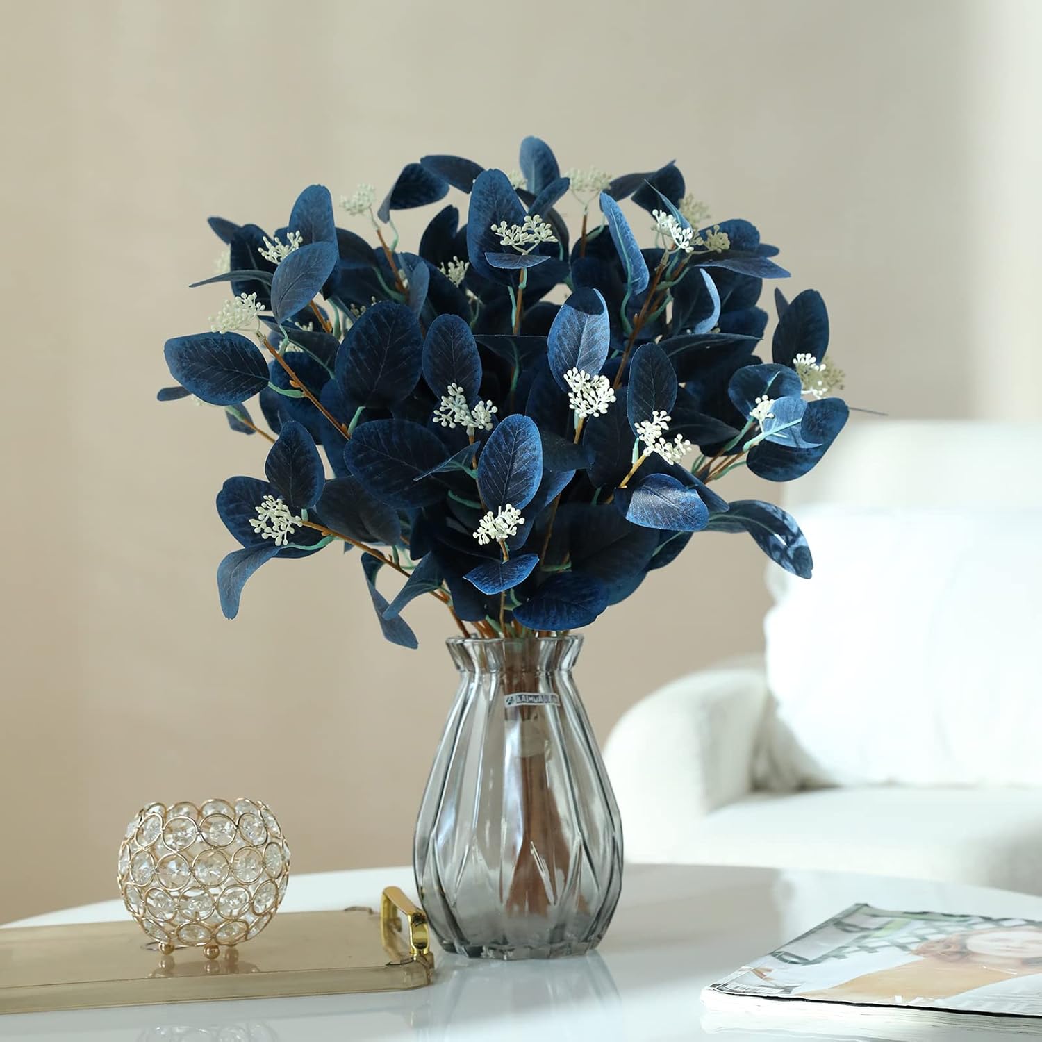 20" Silk Artificial Eucalyptus Stems, 12Pcs Fake Eucalyptus Stem with Leaves Berries, Greenery Plants Floral Decorations for Wedding Party Flower Arrangement Home Decor (Navy Blue) - Image 4