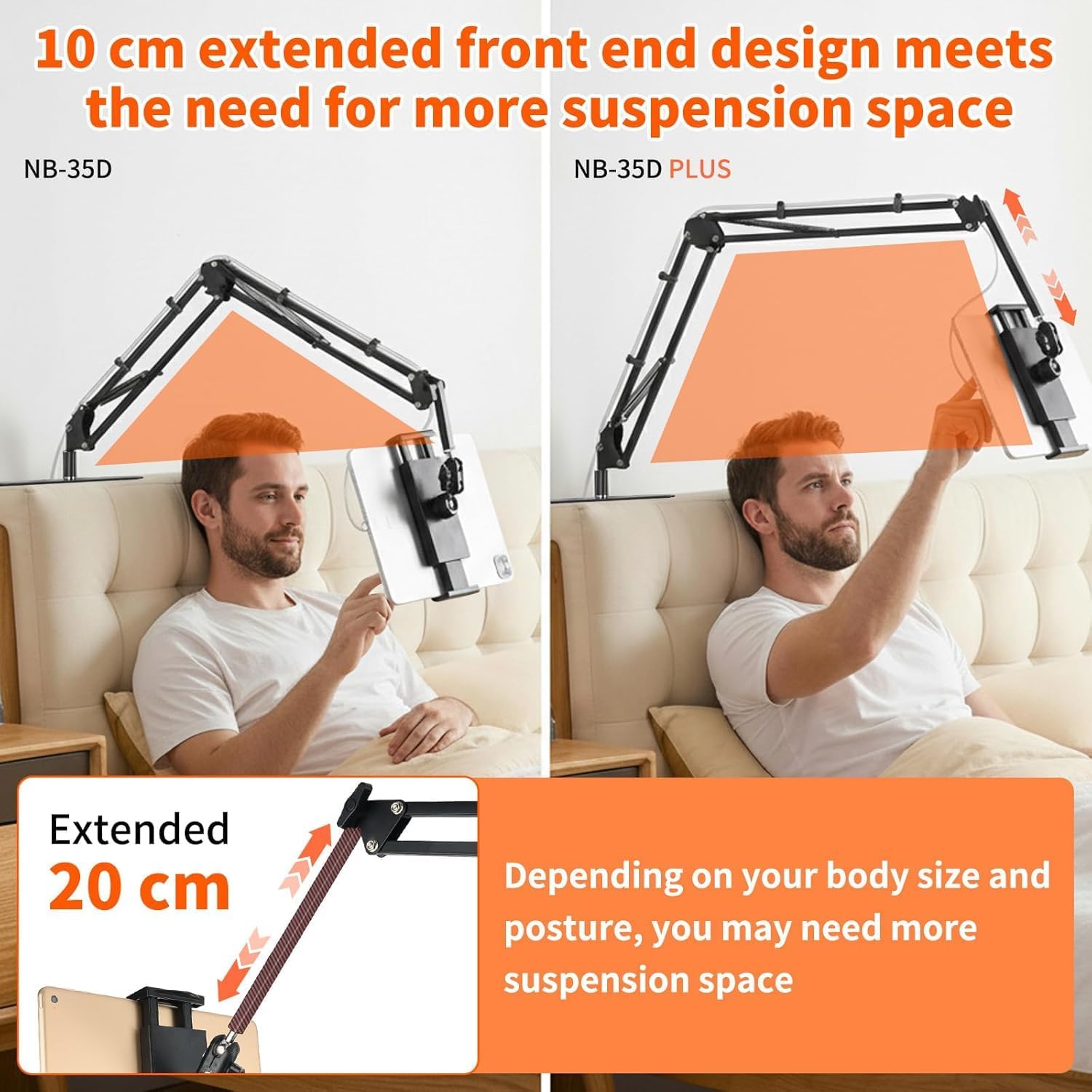 Hands Free Bed Tablet Holder with Adjustable Arm - Heavy Duty Metal Stand Compatible with Kindle, iPad & Phones, Foldable & Space-Saving Design, Invisable & No Furniture Damage (Extended 90CM)
