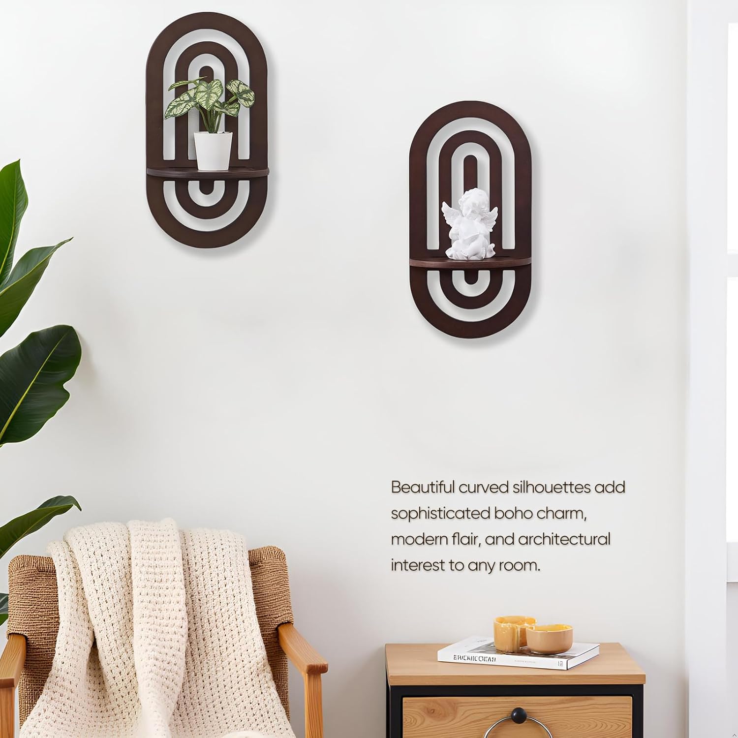 SweetSage Boho Decor Wall Floating Shelves with Arched Wood Design, Decorative Wall Mounted Display Shelf Set of 2 for Bedroom Living Room, Dark Brown