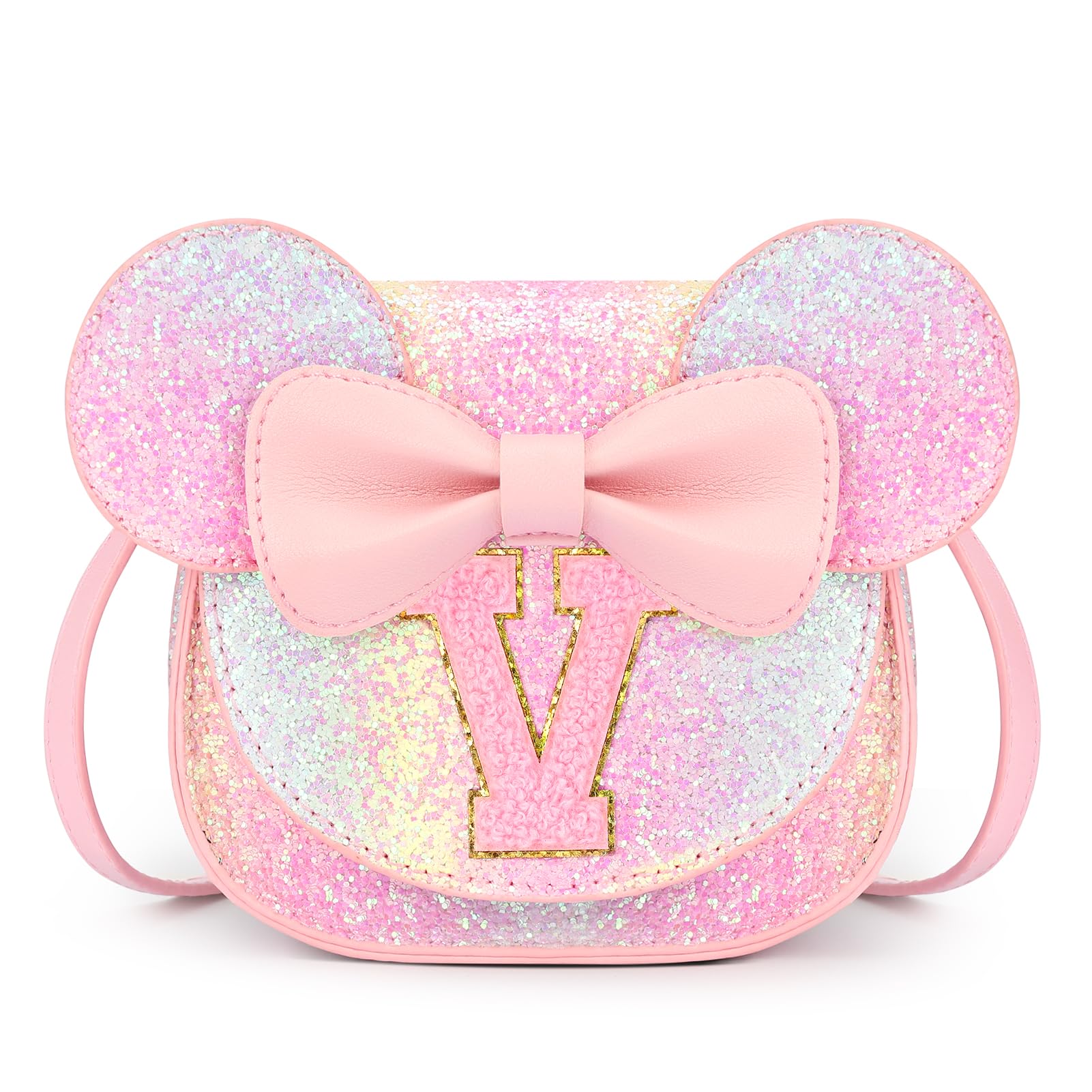 mibasies Toddler Purse 3-8 Girls, Glitter Rainbow Letter V Birthday Gift