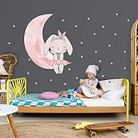 Vista 1 de Murwall Pink Rabbit Wall Decal Moon Wall Sticker Little Stars Peel n Stick Cute Bunny Stickers for Girls Bedroom Babyroom Nursery Room Decor