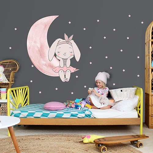 Murwall Pink Rabbit Wall Decal Moon Wall Sticker Little Stars Peel n Stick Cute Bunny Stickers for Girls Bedroom Babyroom Nursery Room Decor