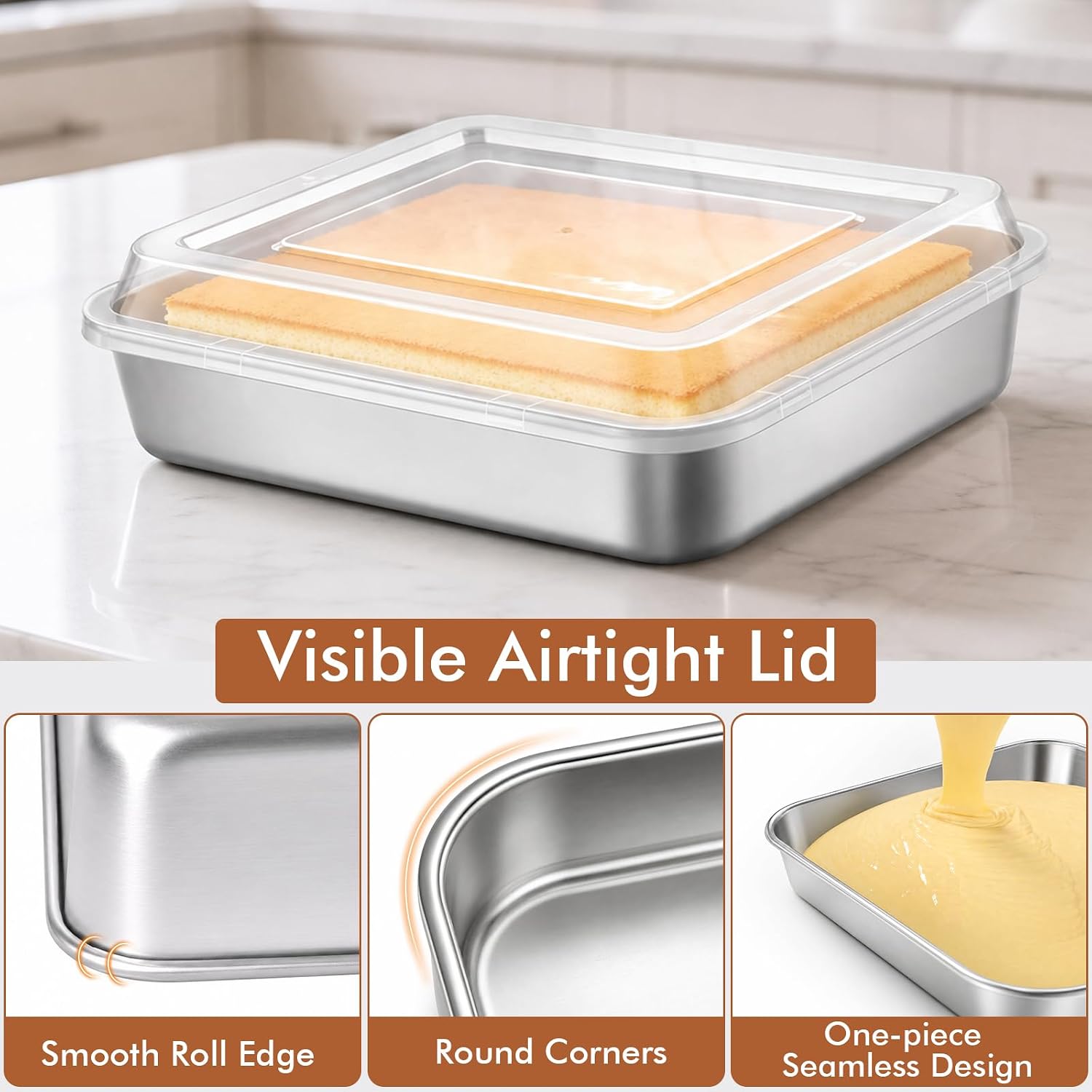 4 Pieces 8 x 8 Baking Pan with Lid, Stainless Steel Square Cake Pan, Brownie Baking Pans Stainless Steel Bakeware Set Easy Clean & Dishwasher Safe (4 Pans + 4 Lids)