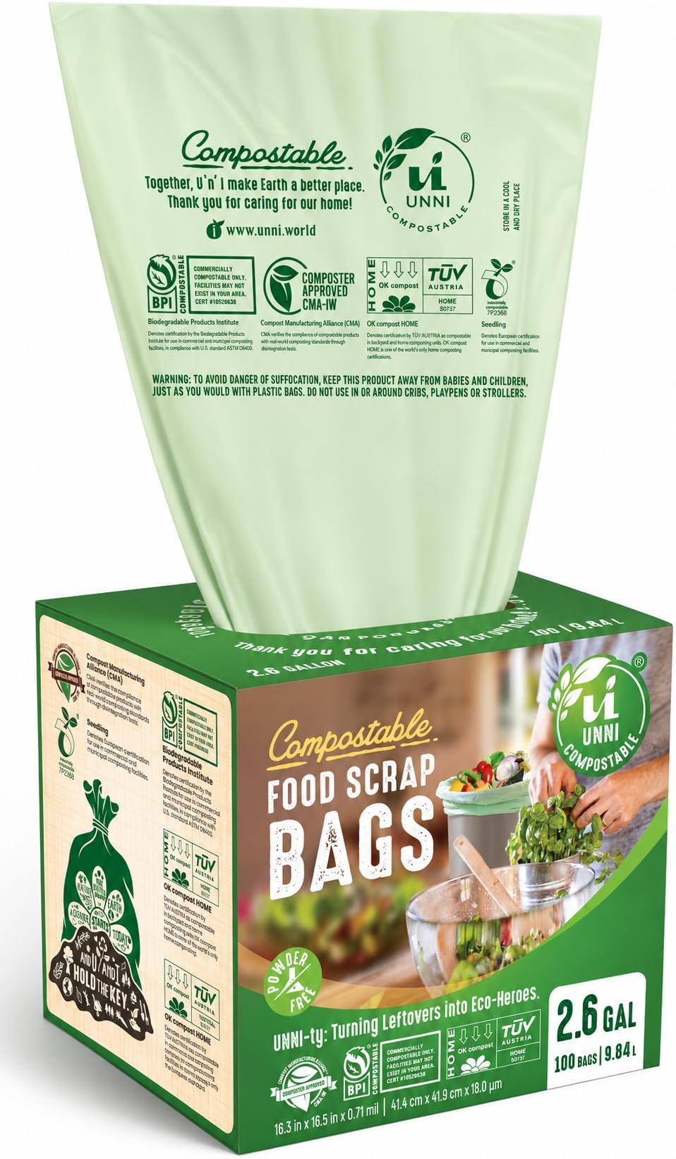 UNNI Compostable Liner Bags, 2.6 Gallon, 9.84 Liter, Extra Thick 0.71 Mil, 100 Count, Small Kitchen Food Scrap Waste Bags, ASTM D6400, US BPI, CMA and Europe OK compost HOME Certified