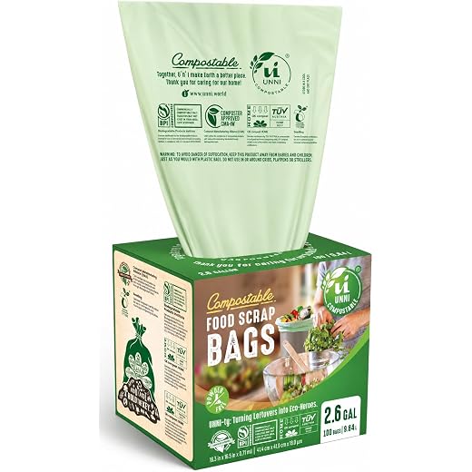 UNNI Compostable Trash Bags, 2.6 Gallon / 9.84 Liter, 100 Count, Extra Thick 0.71 Mil Small Kitchen Food Scrap Bin Liners, Certified by BPI, CMA & OK compost HOME, Meets the ASTM D6400 Standard