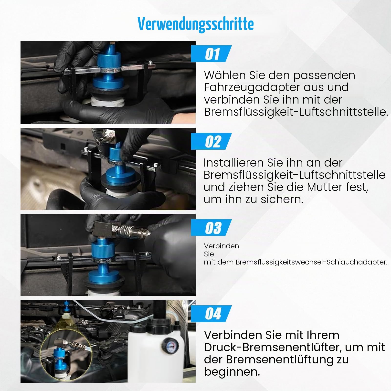 Universeller Bremsenentlüftungsgerät Adapter, 22-58mm Verstellbarer Bremsflüssigkeitsbehälter Adapter mit 4 Schnellkupplungen, Dichtungsring Anti-Leckage, für Meisten Fahrzeuge