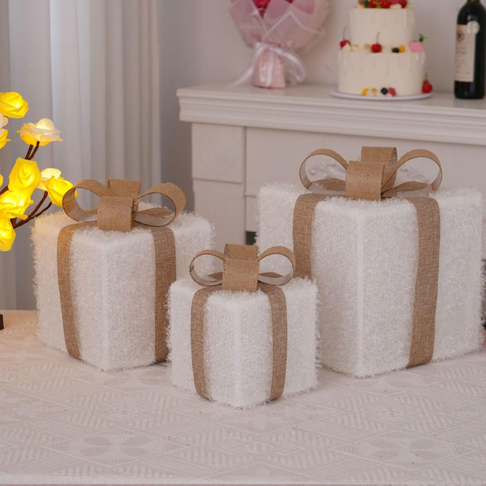 ozdoby świąteczne, Pudełko prezentowe LED na Boże Narodzenie, 3 sztuki, z pilotem i 8 trybami, białe, 15-25 cm(White Brocade Gift Box,Colorful)