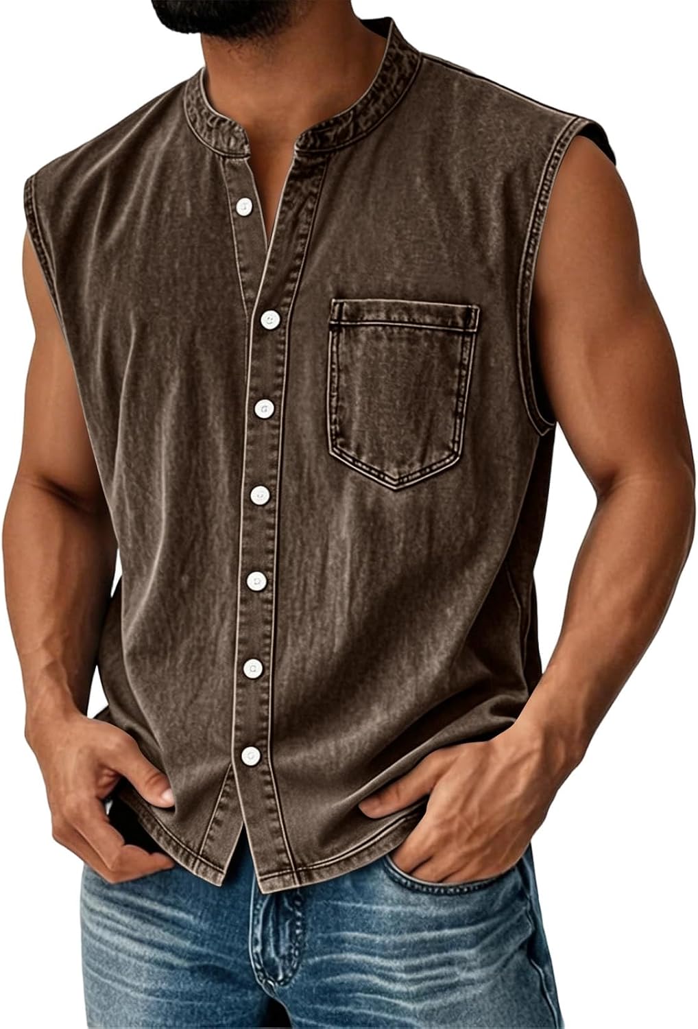 RTRDE Mens Sleeveless Button Up Shirts Distressed Summer Business Casual Beach Dress Tank Top, M-3XL