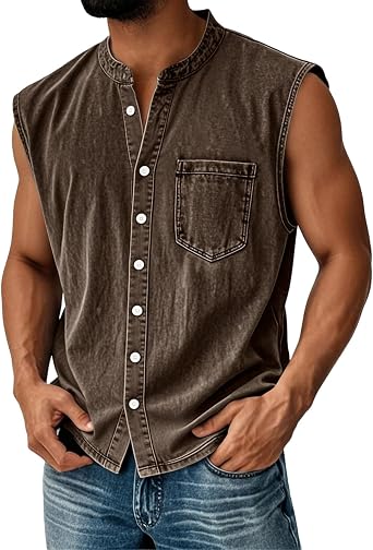 Mens Sleeveless Stand Collar Denim Vest Button Down Chest Pocket Casual Vintage Washed Summer Tops