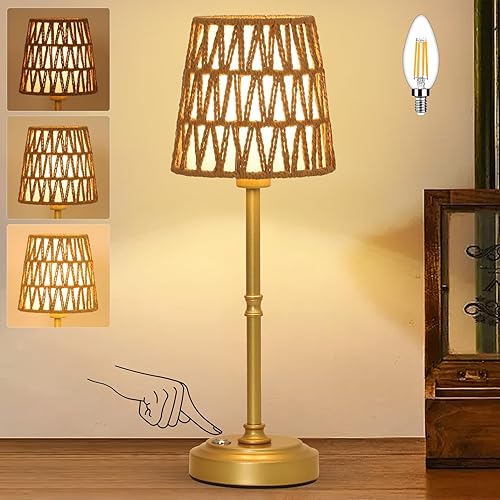Lámpara de mesa recargable dorada, lámparas inalámbricas de ratán con atenuación continua y bombilla E12, lámpara de escritorio con control táctil