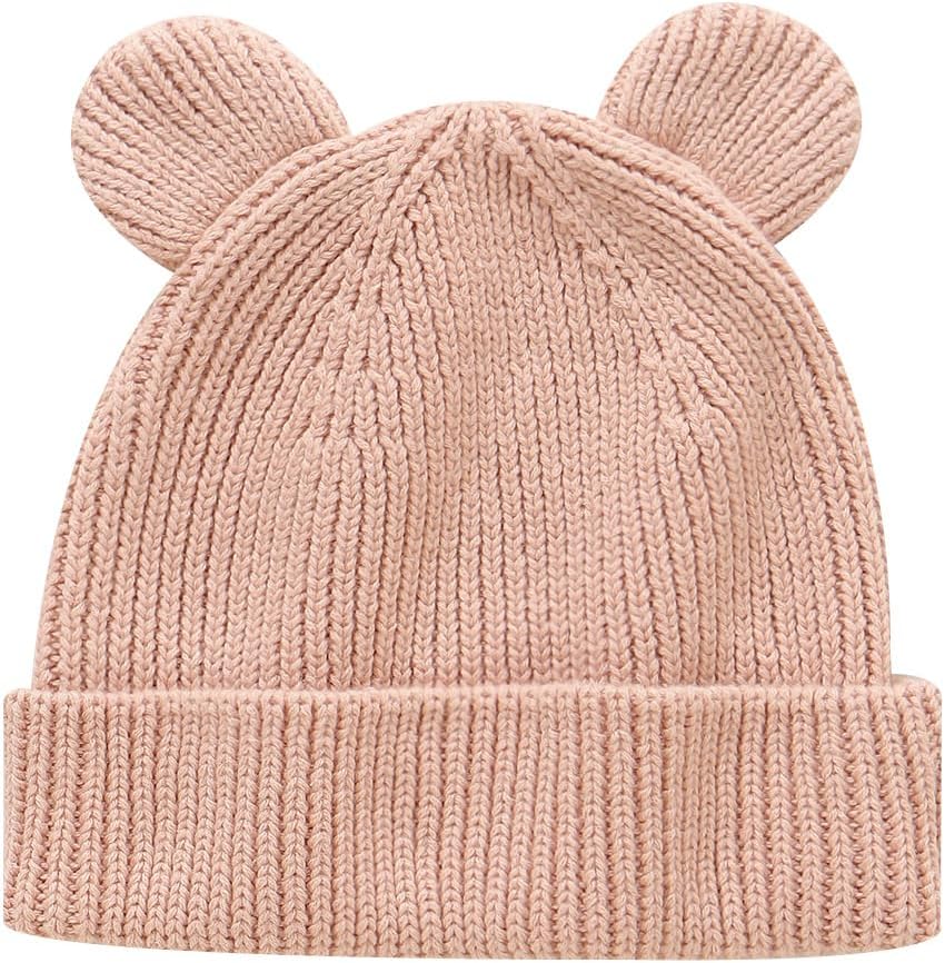 Hadetoto Cotton Baby Beanie Winter Knitted Hat with Bear Ear for Infant Toddler Boys Girls Soft Warm Skull Cap