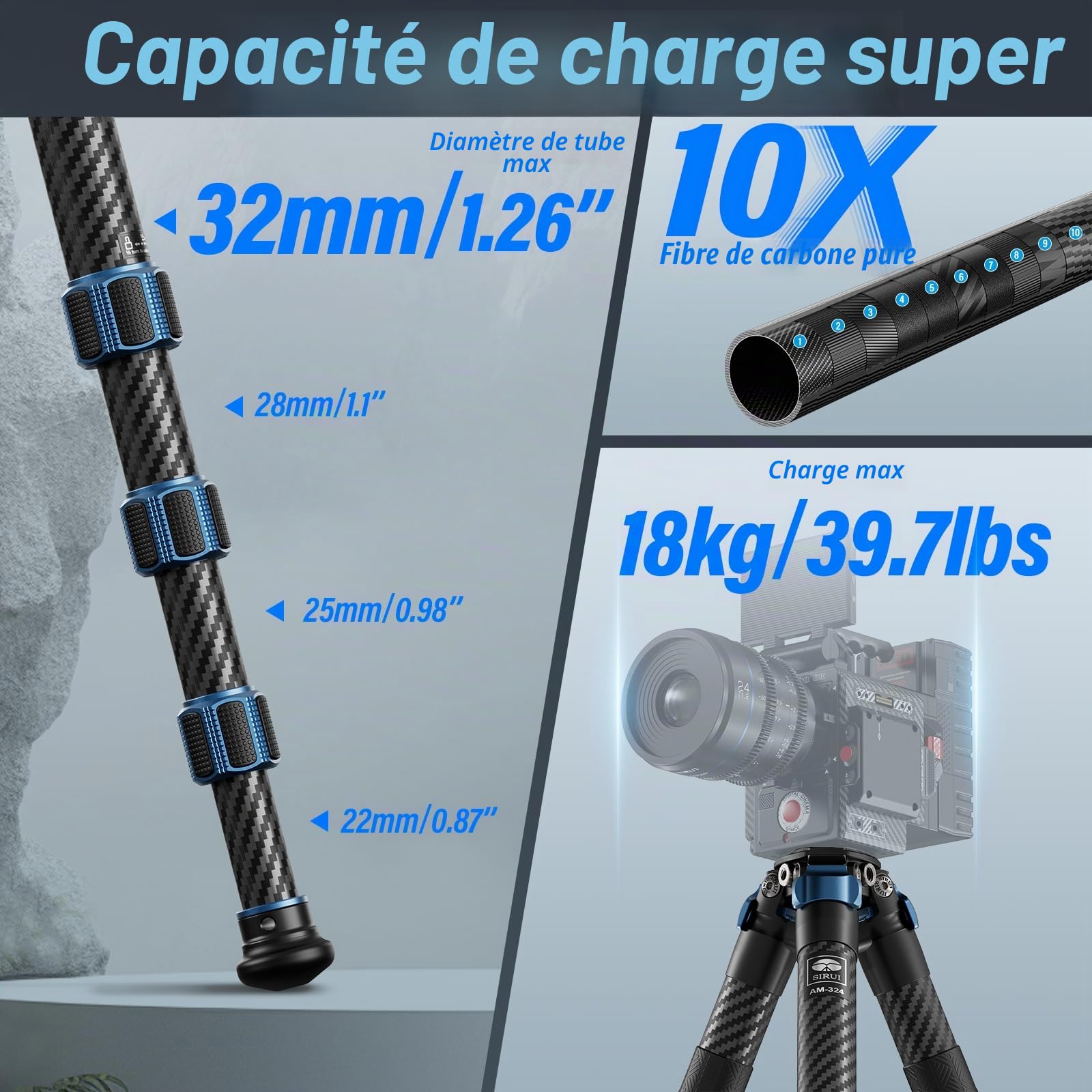 SIRUI AM-324 Trépied Professionnel pour Appareil Photo, 57'' Trépied Compact en Fibre de Carbone pour Appareil Photo, 4 Sections avec Tube de Diamètre Max. 32 mm, Charge Jusqu'à 39,8lbs/18kg