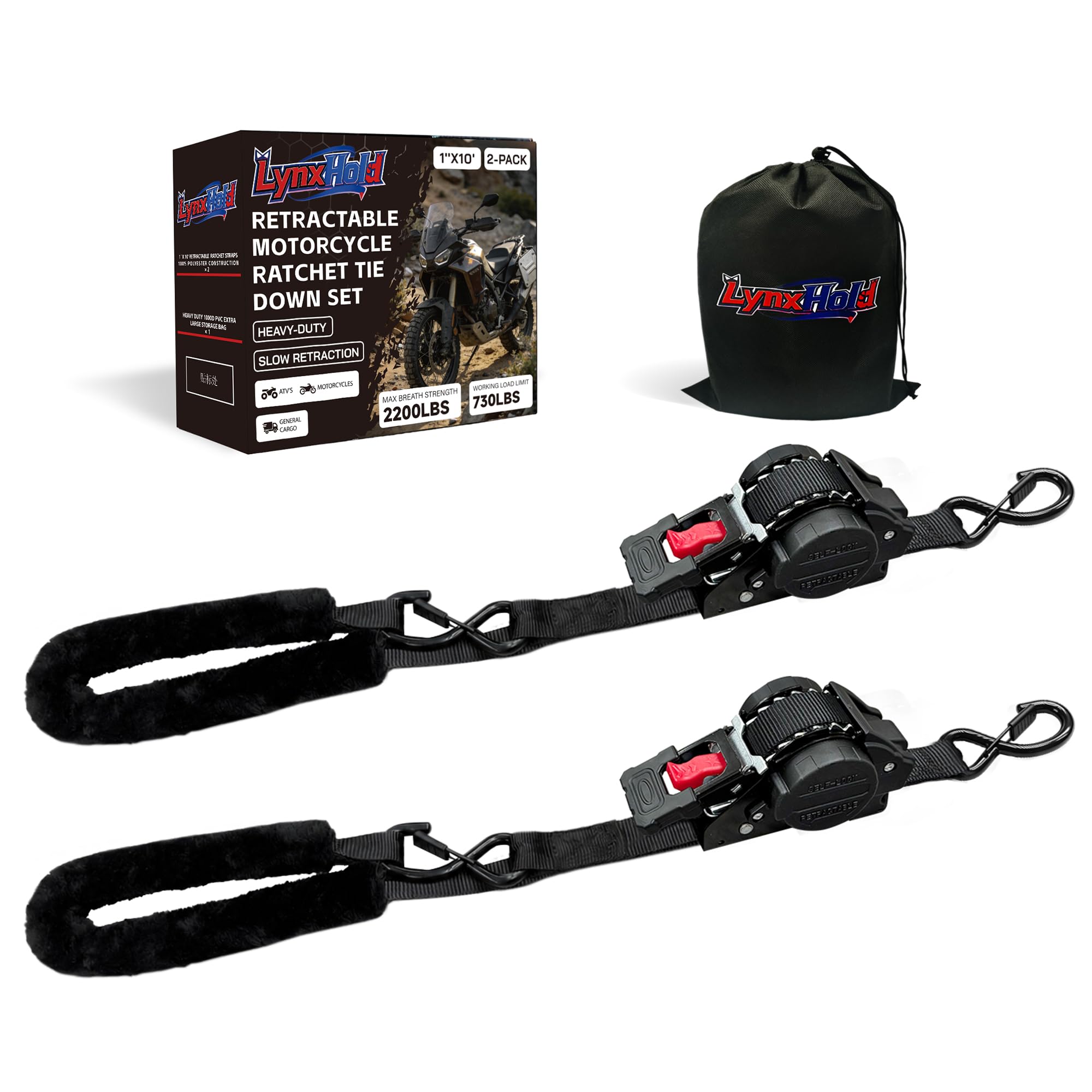 Retractable Motorcycle Tie Down Straps, 1" x 10' with Fleece Sleeves