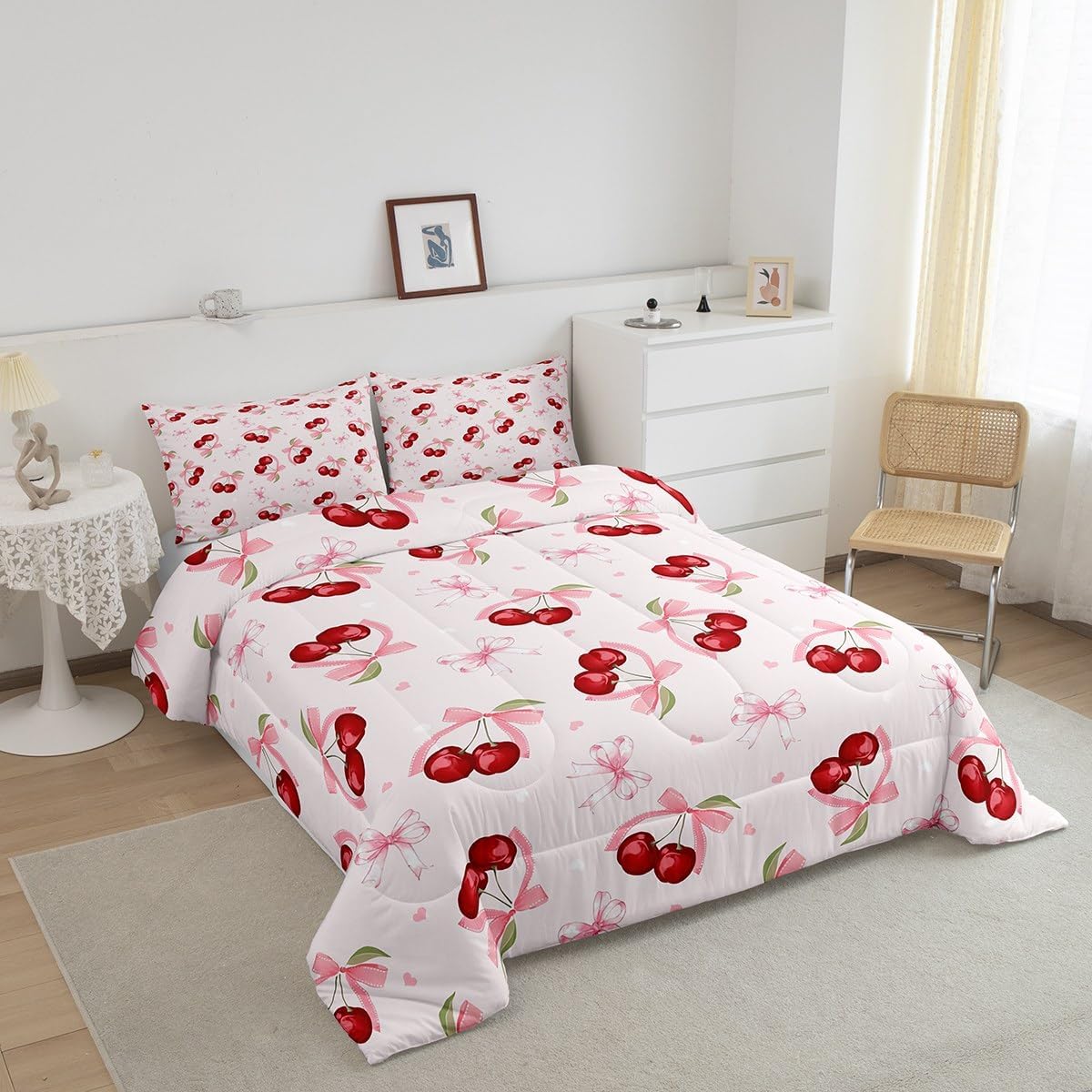 jejeloiu Bowknot Cherry Bedding Set Twin Size Kids Cherry Pattern Comforter Cover for Boys Girls Teens Cute Fruit Baby Pink Duvet Cover Breathable Soft Lightweight Microfiber Quilt Set