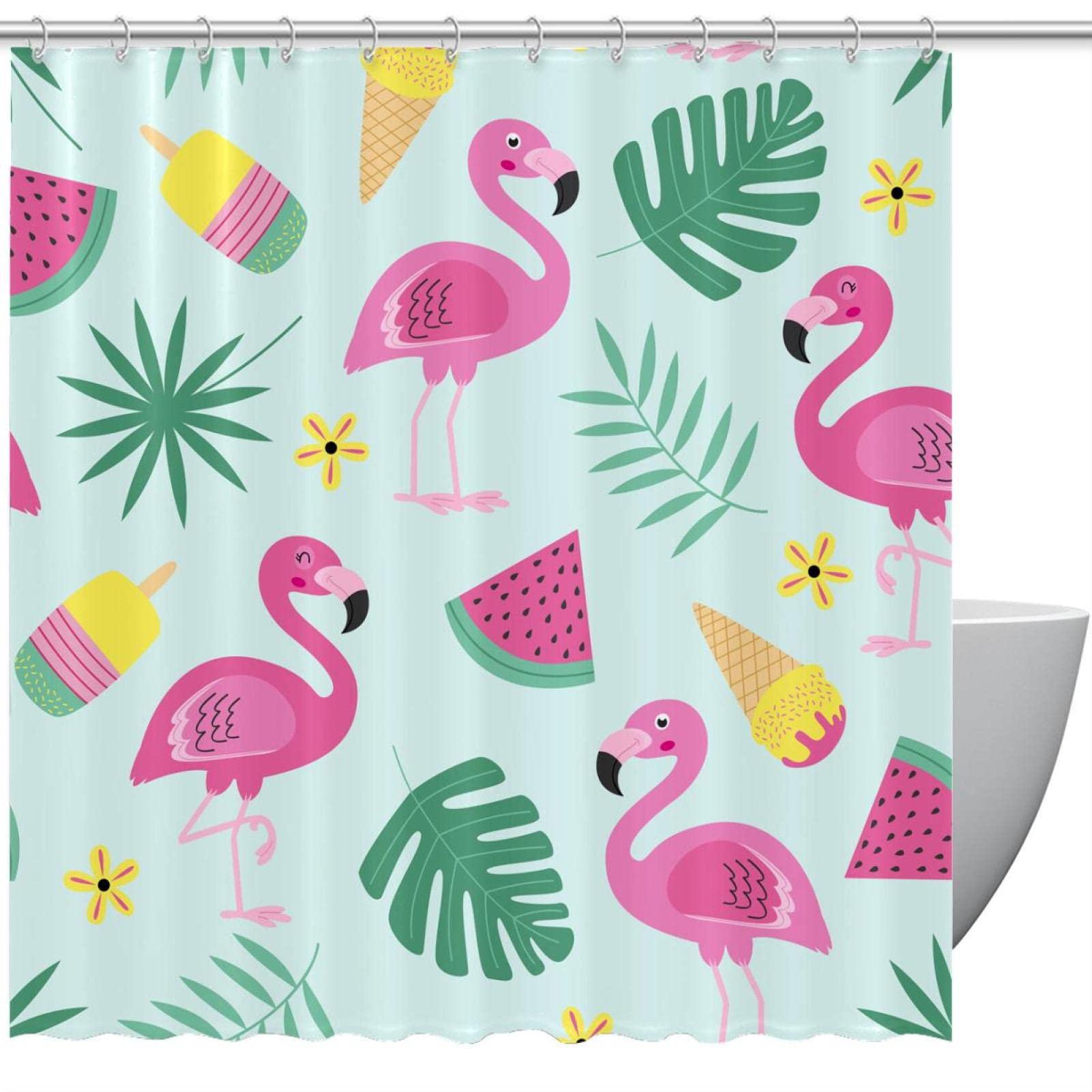 Rideau de douche flamant rose vert 183 cm grand format anti-moisissure