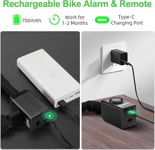 Miniatura 3 de Cerradura de cadena de bicicleta de 110 dB con alarma, cerradura de bicicleta de 4 pies con alarma antirrobo, resistente antirrobo, cerradura de