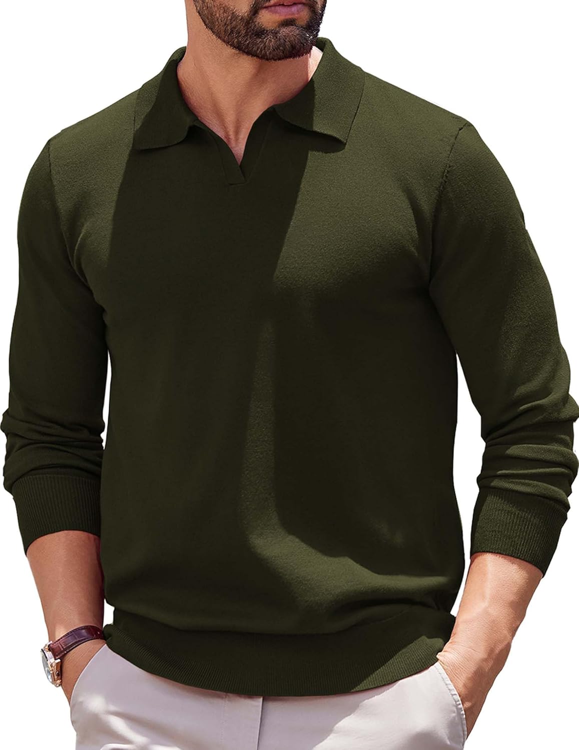 COOFANDY Long Sleeve Polo Shirts for Men Knit Polo Sweater Lightweight Ribbed Pullover Sweater