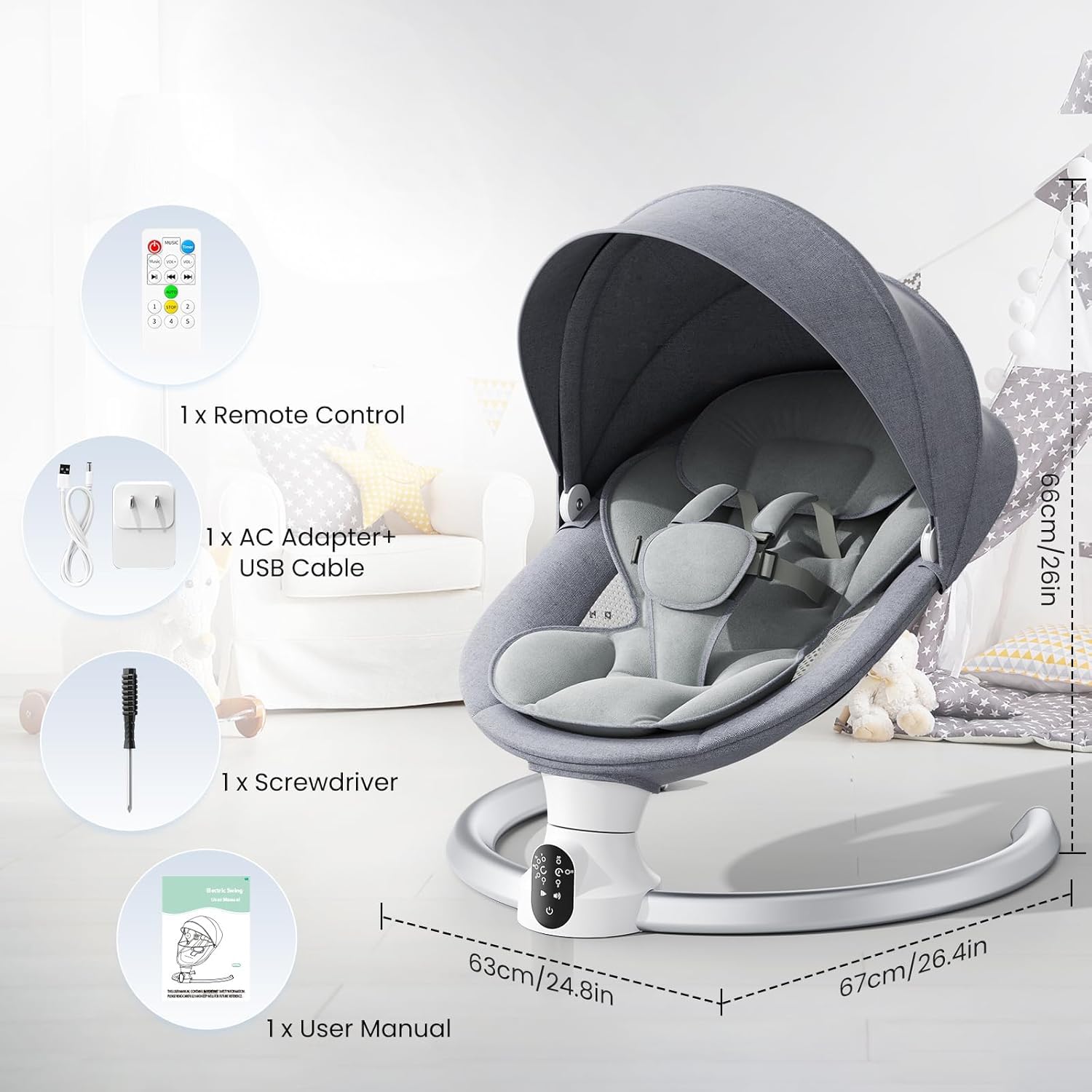 Operazione APP Sdraietta Neonati, Imbracatura a 5-Punti Migliorata Altalena Neonato Elettrica con 3 Timer, 5 Velocità di Altalena, Sdraietta Neonati Bluetooth Imbottita Morbida 0-9kg (Grigio)