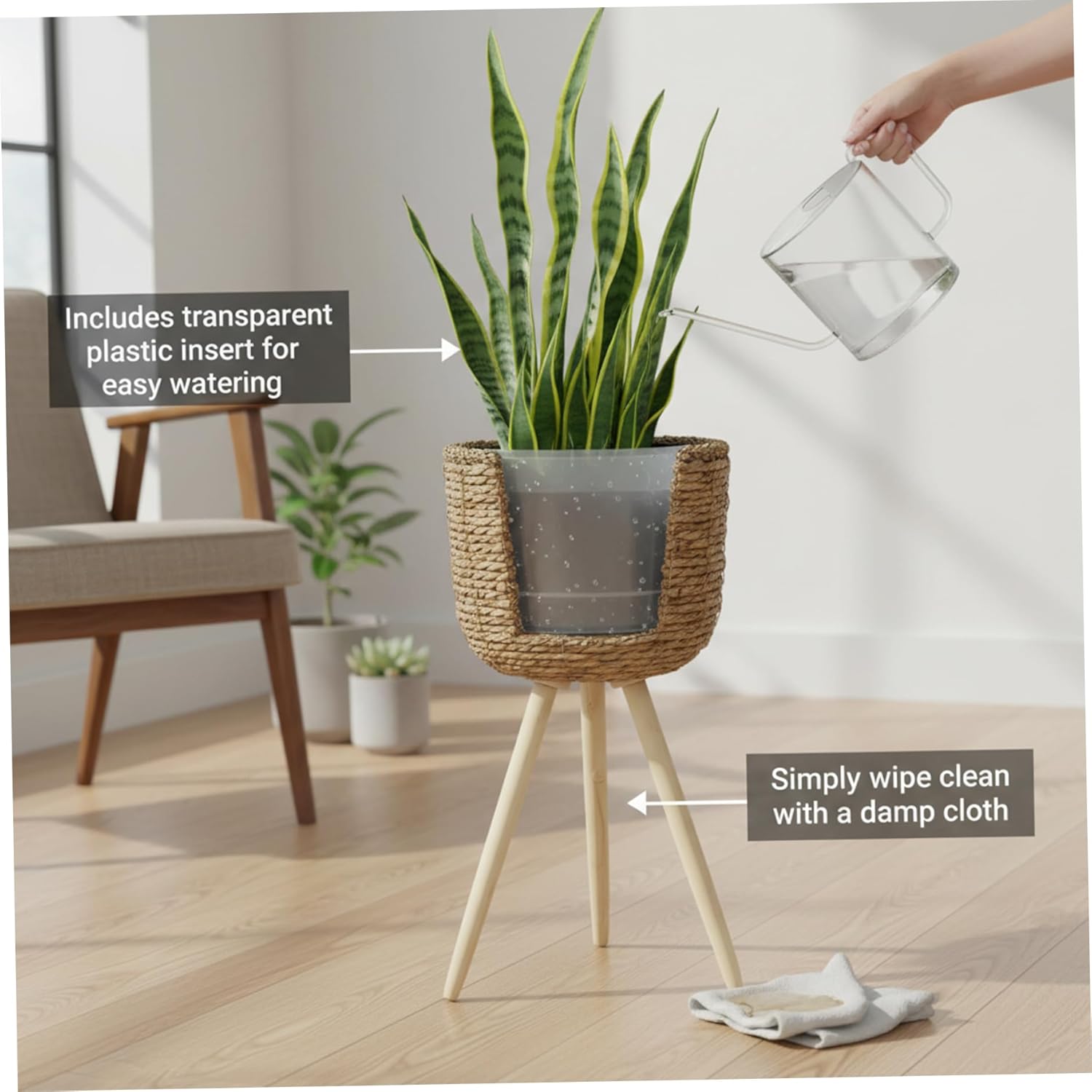 Planter with Legs - Modern Rattan Plant Stand Indoor for Floor Plants, Decorative Brown Plant Stand for Home, Balcony, and Office Decor