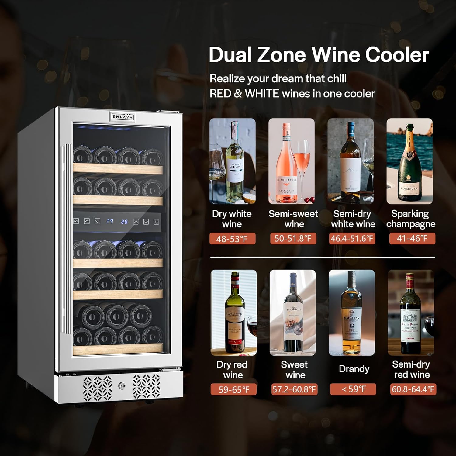 Empava 15 inch Wine Cooler Under Counter, 29 Bottle Wine Fridge Dual Zone, Small Wine Cooler with Stainless Steel Double-Layer Tempered Glass Door, Wine Coolers for Home Built-in or Freestanding