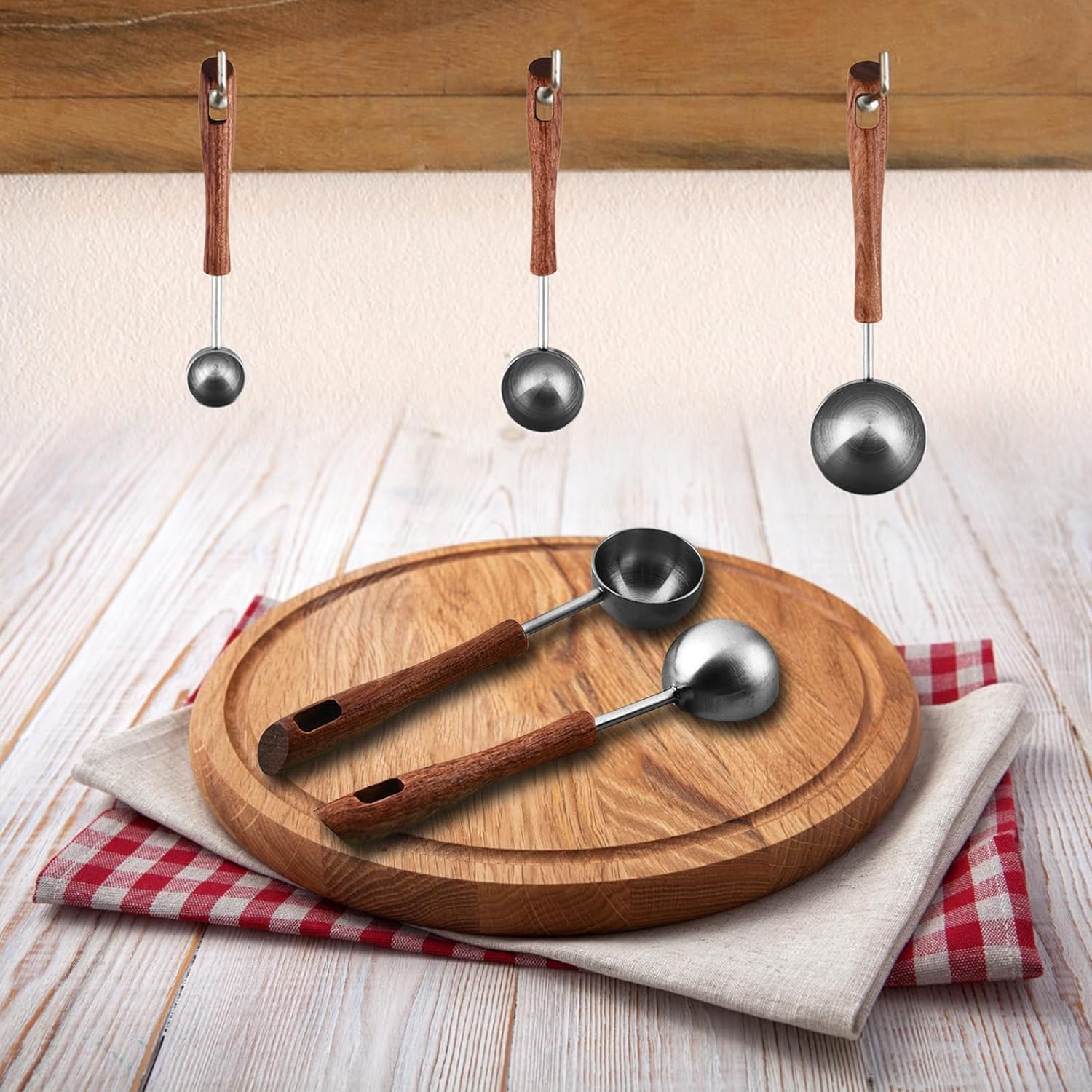Set di 3 cucchiai dosatori da caffè, in acciaio inox, con manico in noce nera, strumento di misurazione per liquidi e solidi, per cucina (4 ml/8 ml/25 ml)