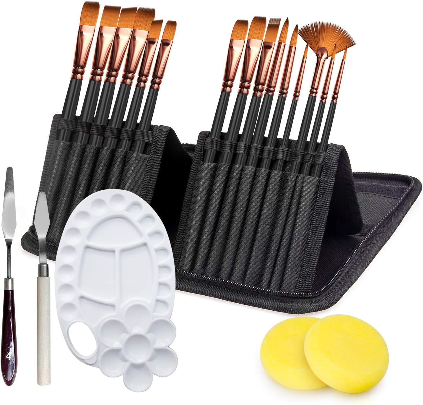 Adkwse Paint Brush Set for Acrylic Oil Watercolor Canvas Gouache Easter Painting Brushes Includes Pop-up Carrying Case with 1 Paint Tray, 2 Palette Knife and 2 Sponges