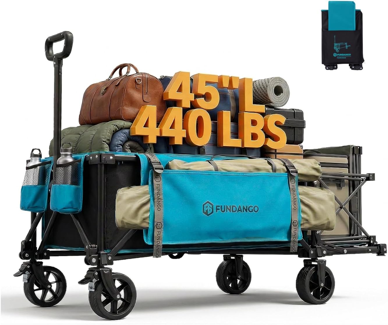 FUNDANGO Collapsible Wagon with Extended Tailgate, 220L Compact Wagons Carts Foldable with All Terrain Wheels, 400lbs Heavy Duty Portable Lightweight Utility Cart for Garden Grocery Camping Shopping