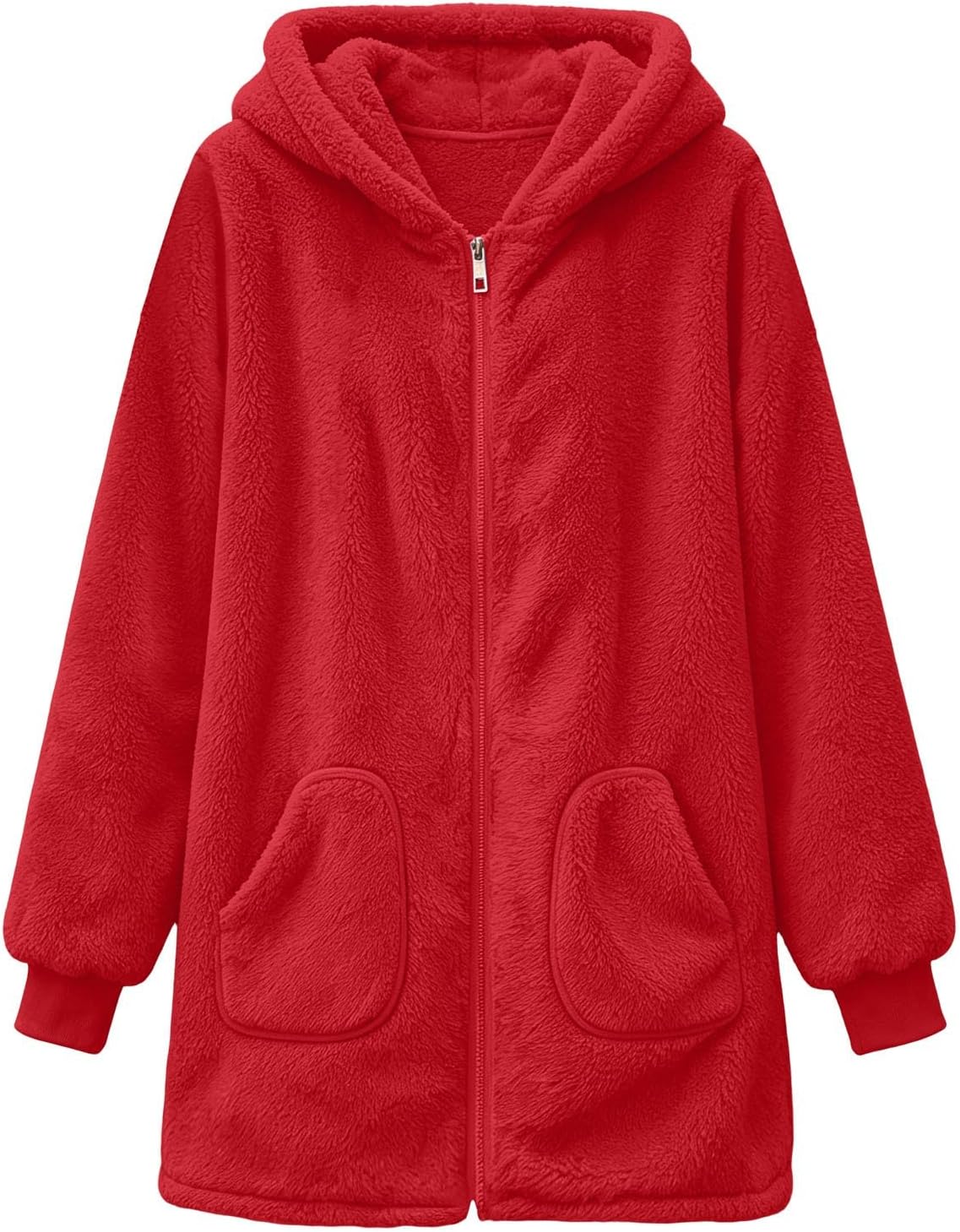 Women's Teddy Fleece Jacket Hooded Zip Front Casual Longline Coat