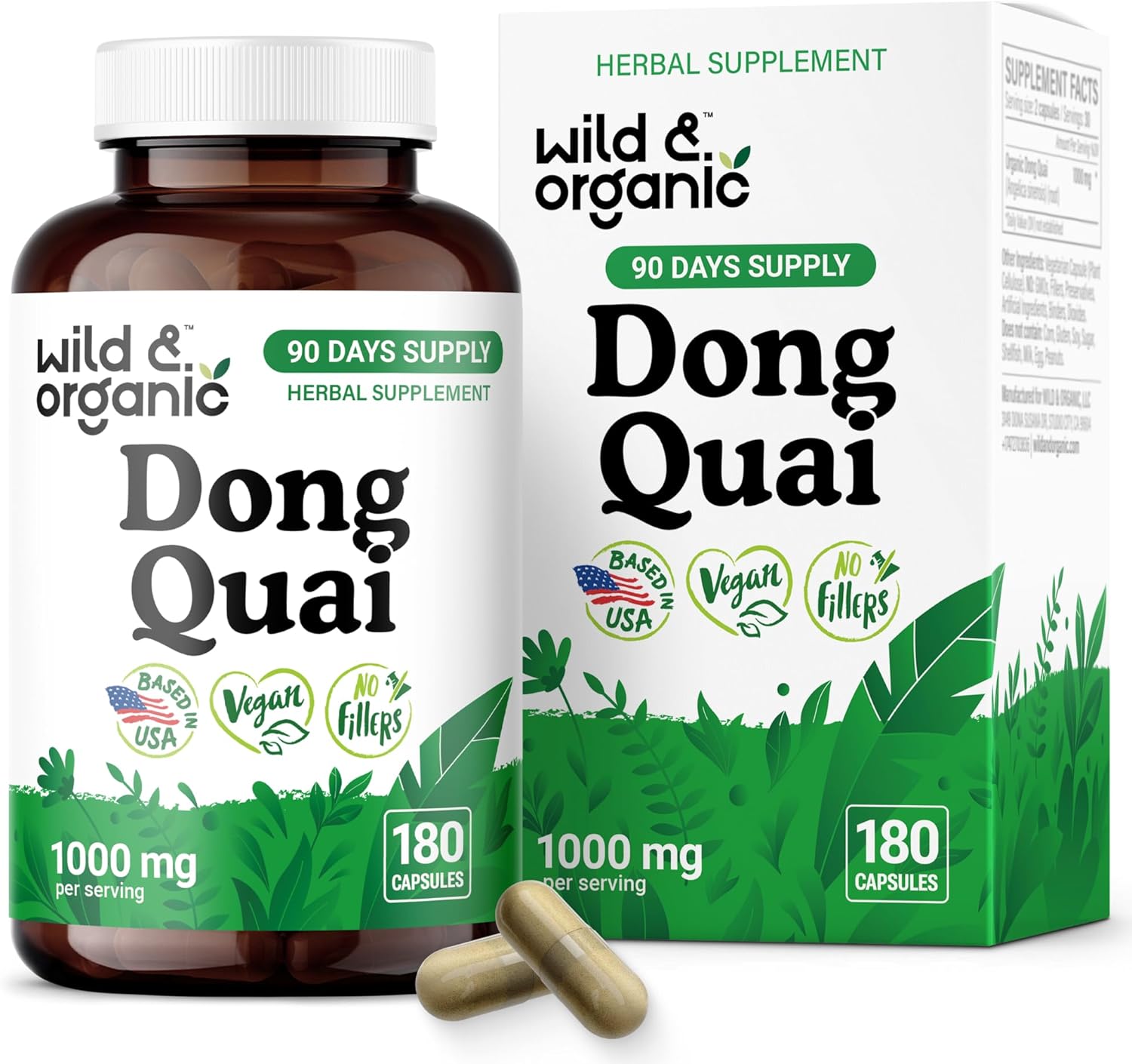 Wild & Organic Dong Quai Capsules 1000 mg - Menopause Supplements for Women - Dong Quai Root Supplement - Angelica Root Herb - 90-Day Supply - Non-GMO, Vegan, Gluten-Free - 180 Count