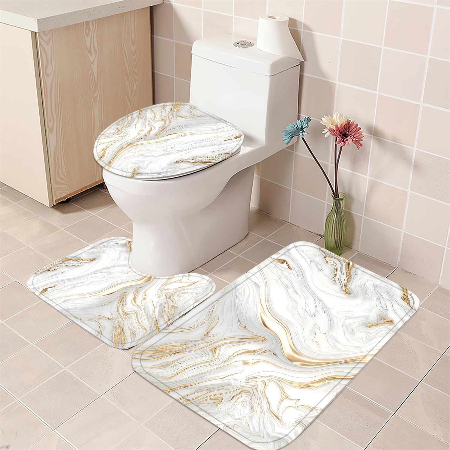 Nkzply 4Pcs White and Gold Marble Shower Curtain Set Bathroom Set with Rugs image 3