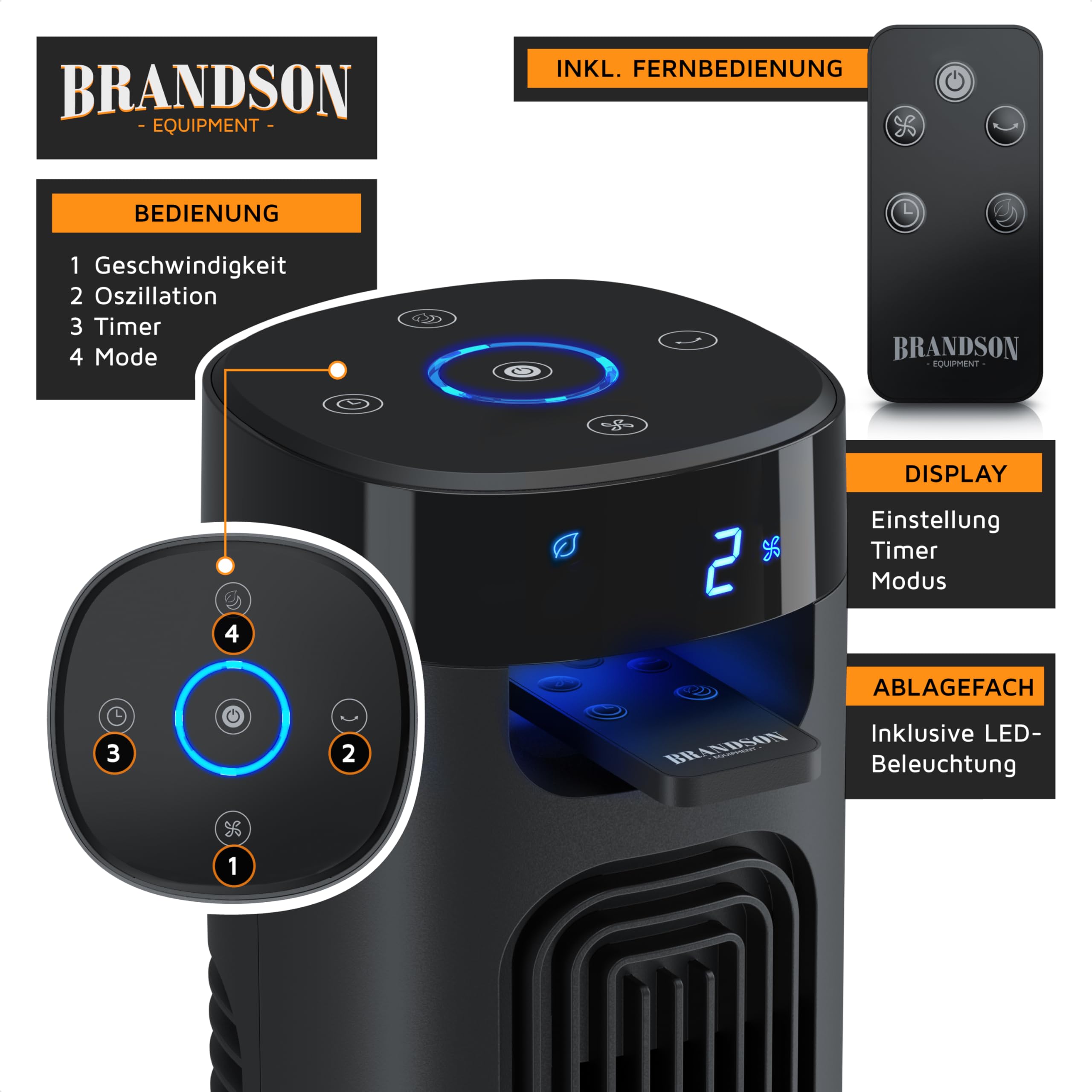 Brandson - Turmventilator mit Fernbedienung - Sieger Ventilatoren und Luftkühler 2026 - sehr leise - LED Display – 3 Geschwindigkeitsstufen 3 Modi – Oszillation - Standventilator Ventilator Kühlung