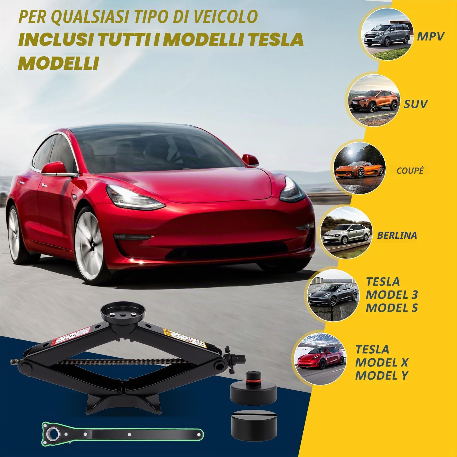 KAOLALI Cric Per Auto 3T/3000kg, Cric Auto Con Universale Tampone In Gomma | Cric a Forbice Per Auto Con Chiave Per Dadi Ruota Portatile, Kit Di Emergenza Per Auto SUV Tesla Model 3/Y/S/X
