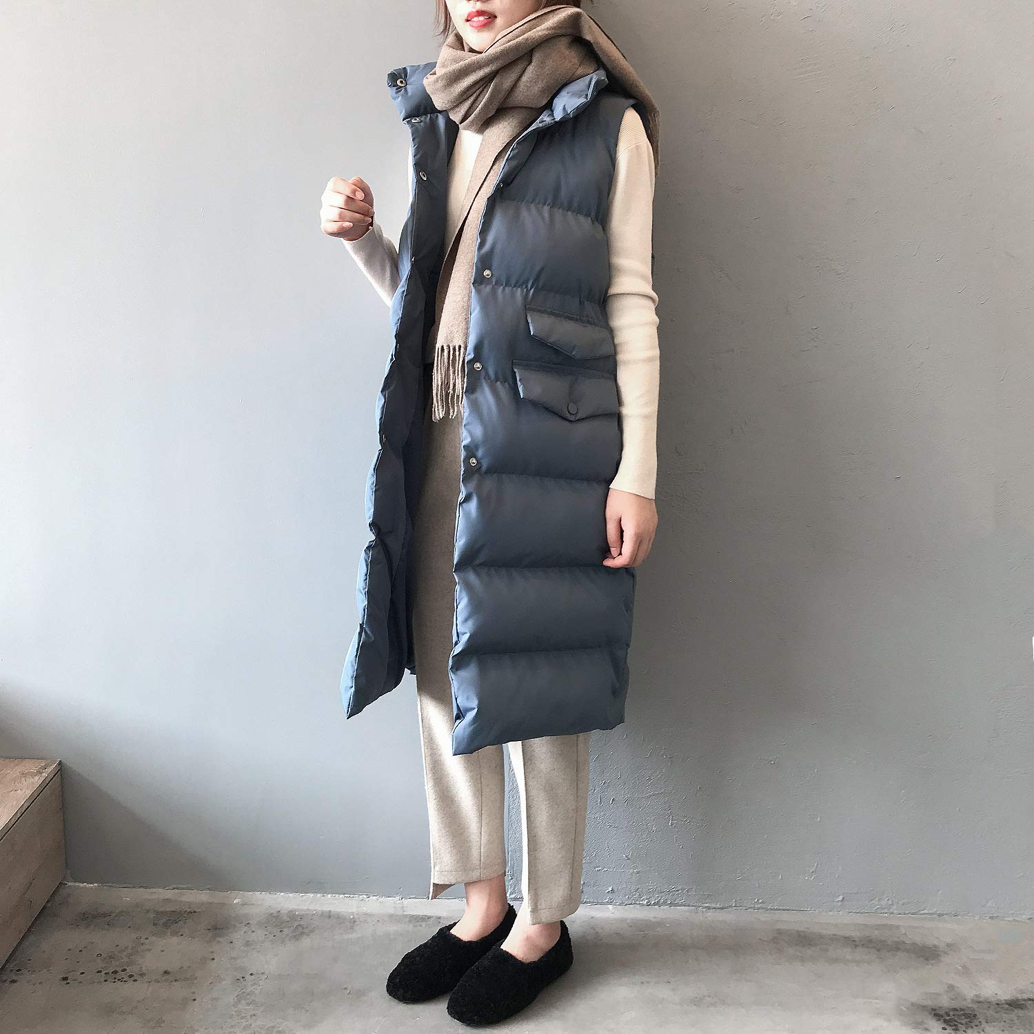 Gilet Invernale Lungo Da Donna, ​Invernale, Senza Maniche, Caldo, Con Tasche, Gilet Invernale Imbottito Lungo Trapuntato Giacca Da Donna Smanicato Piumino,Blu,S