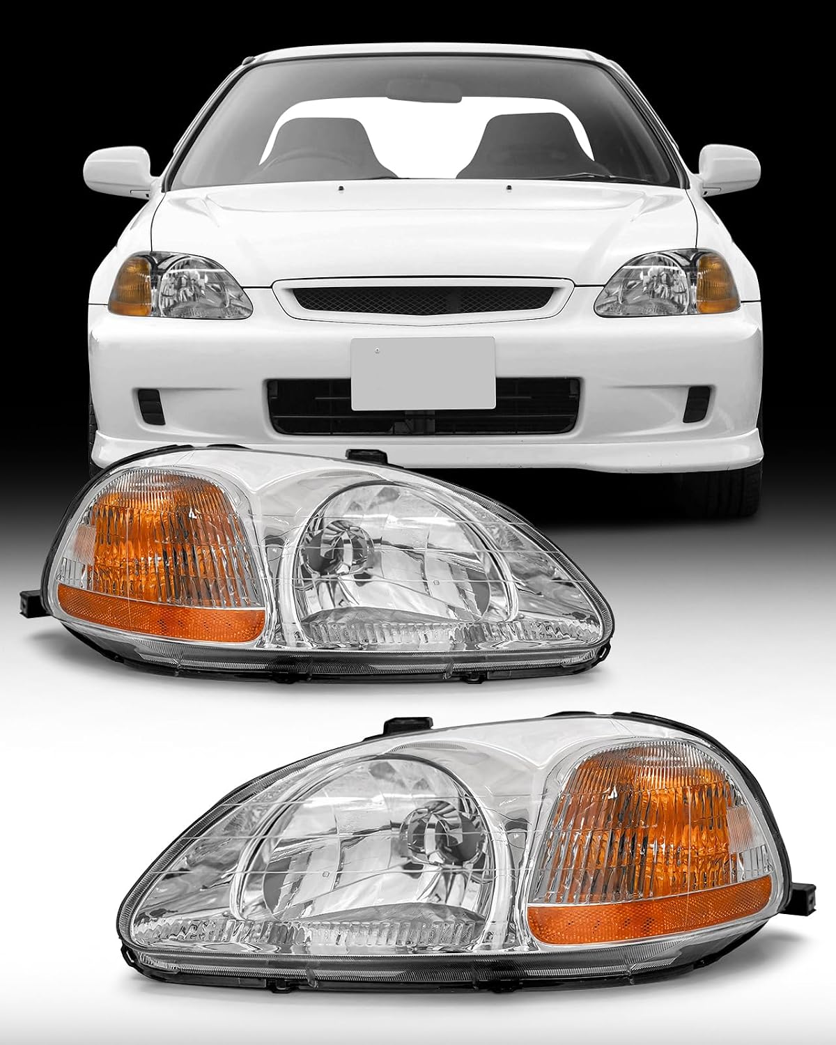 Headlight Assembly compatible with 96 97 98 Civic EK / 1996 1997 1998 EK Honda Civic Headlamp with Chrome Housing Amber Reflector Left and Right Pair（W/O Bulbs）