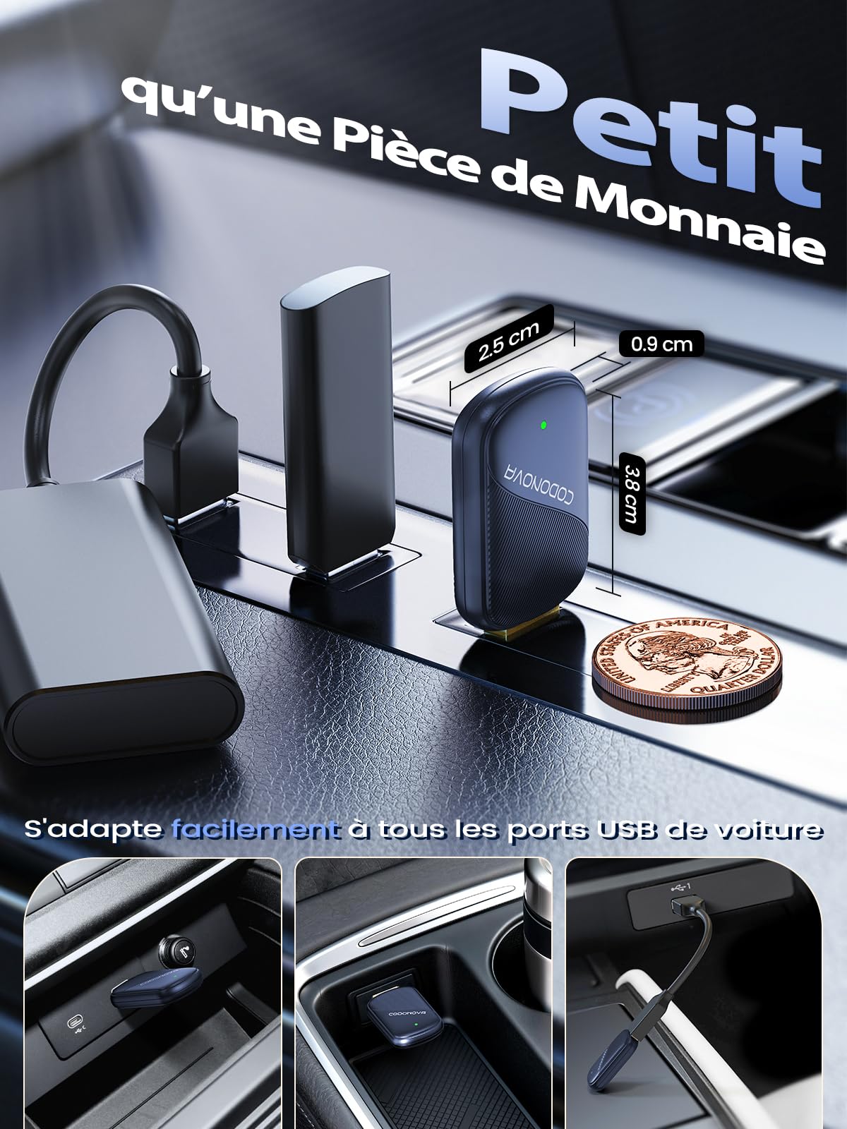Mini Adaptateur sans Fil pour Apple CarPlay et Android Auto, Convertisseur CarPlay Filaire en sans Fil, Métal USB A/C, pour iPhone iOS 10+ et Android 10+, Longs Trajets, Trajets Quotidiens, Bleu